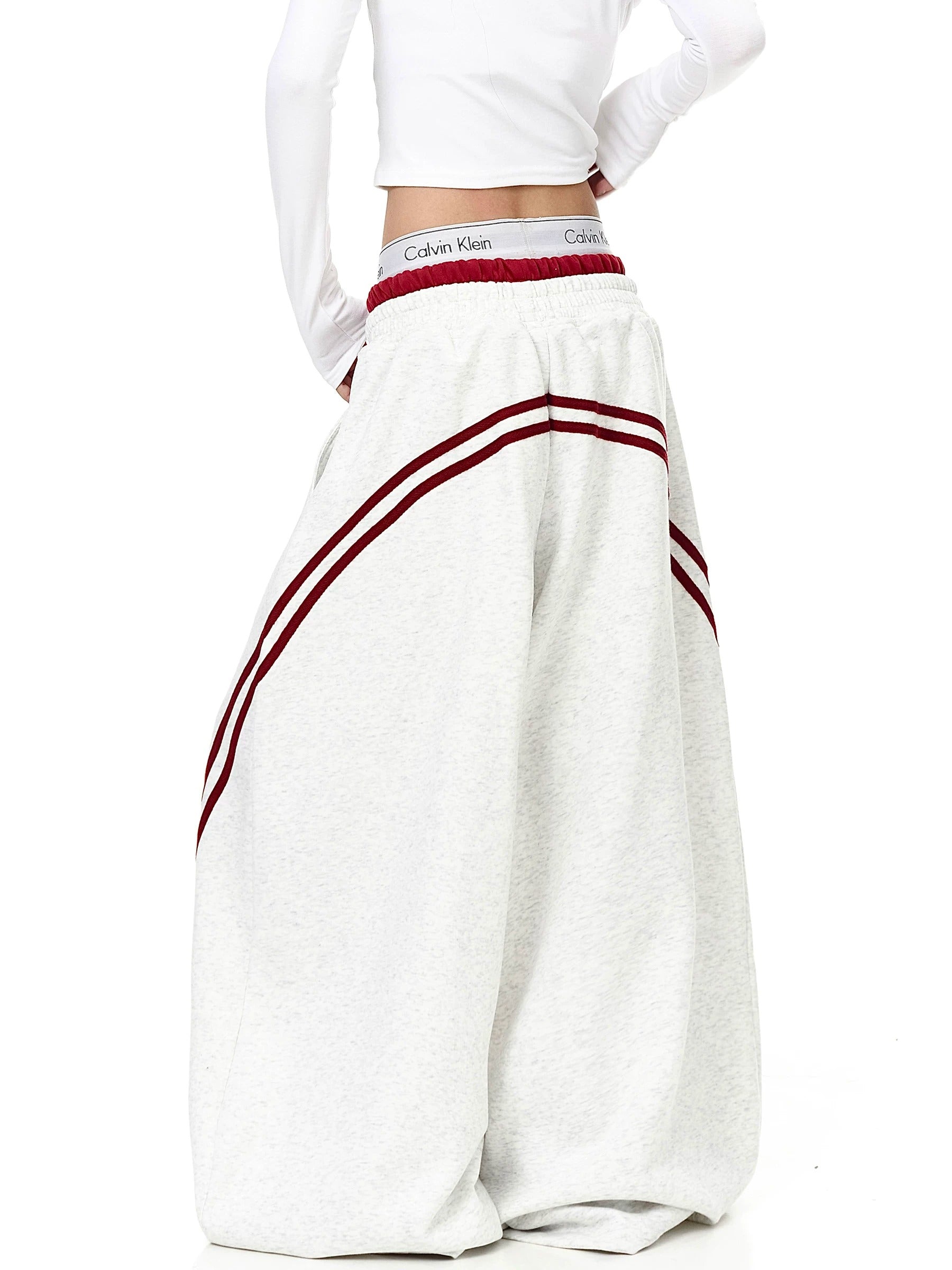 Contrasting Line Double-Waist Wide Curve Sweat Pants MB7431