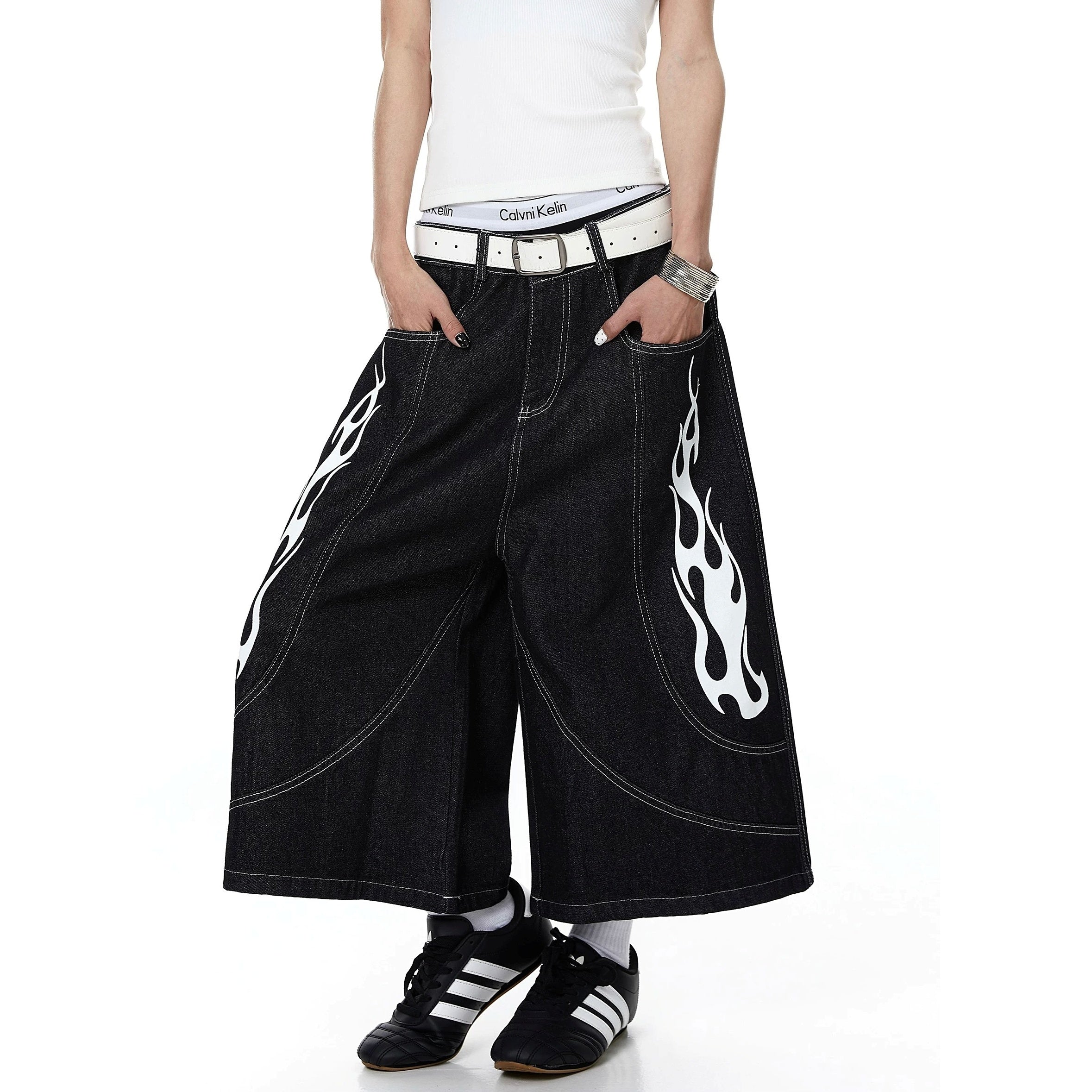 Flame Print Cropped Denim Wide Pants MB7410