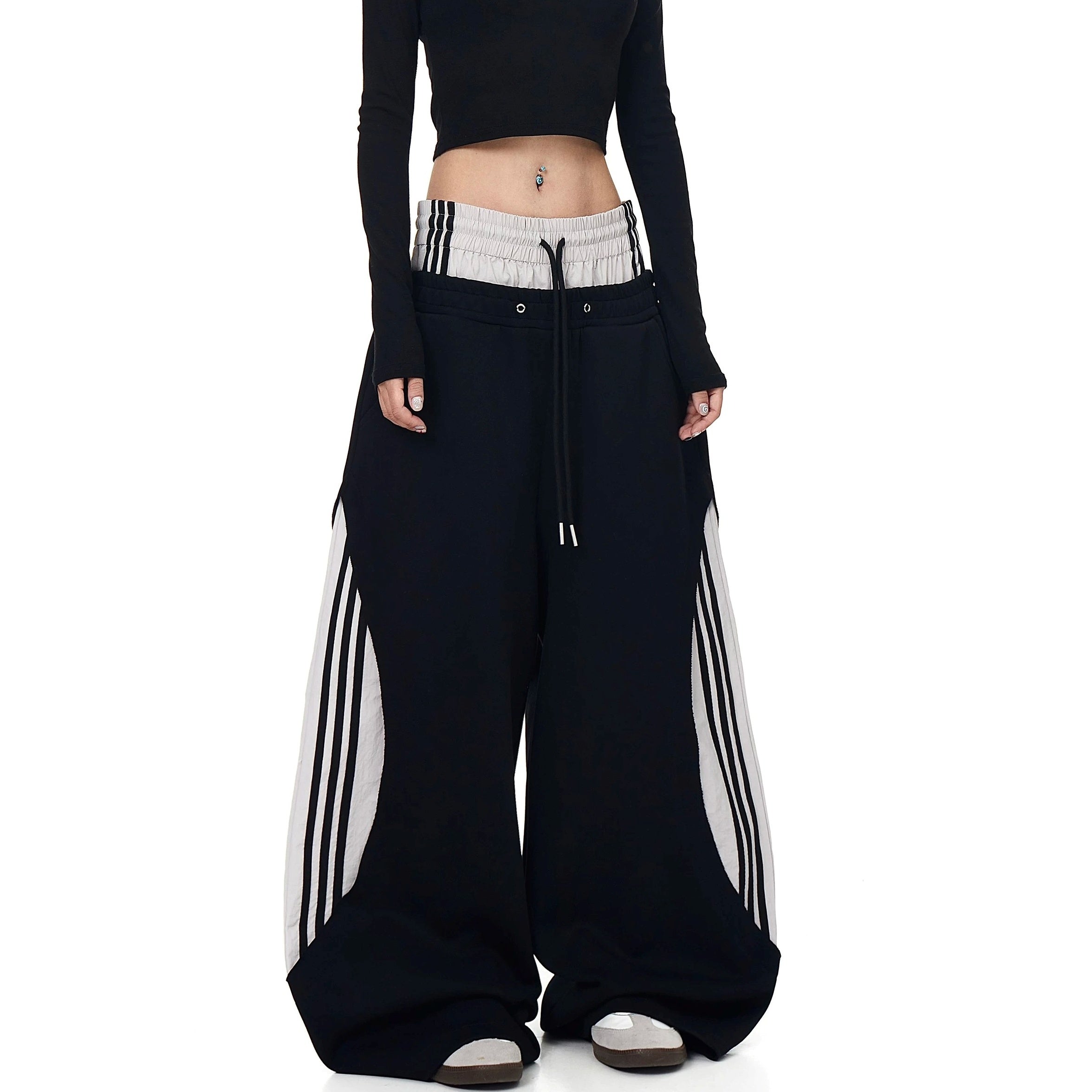Double-Waist Patchwork Three-Stripe Wide Sweat Pants MB7406