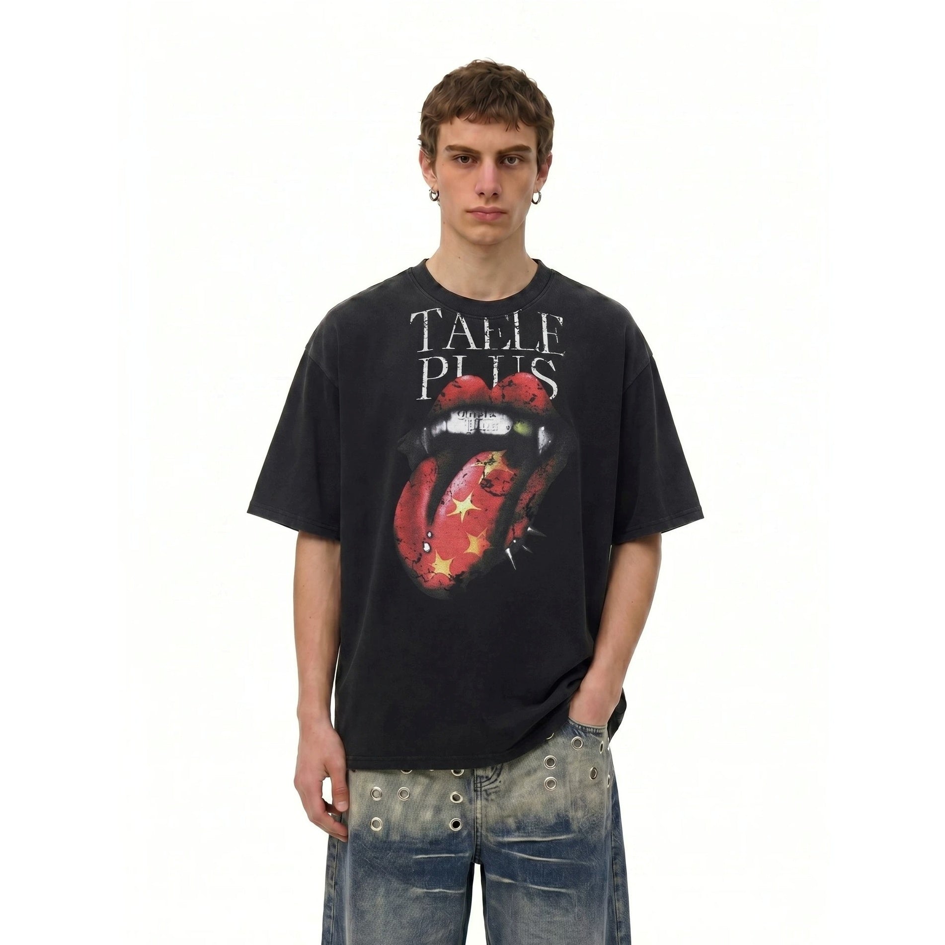Vintage Wash Lips & Studs Graphic T-Shirt MB7412