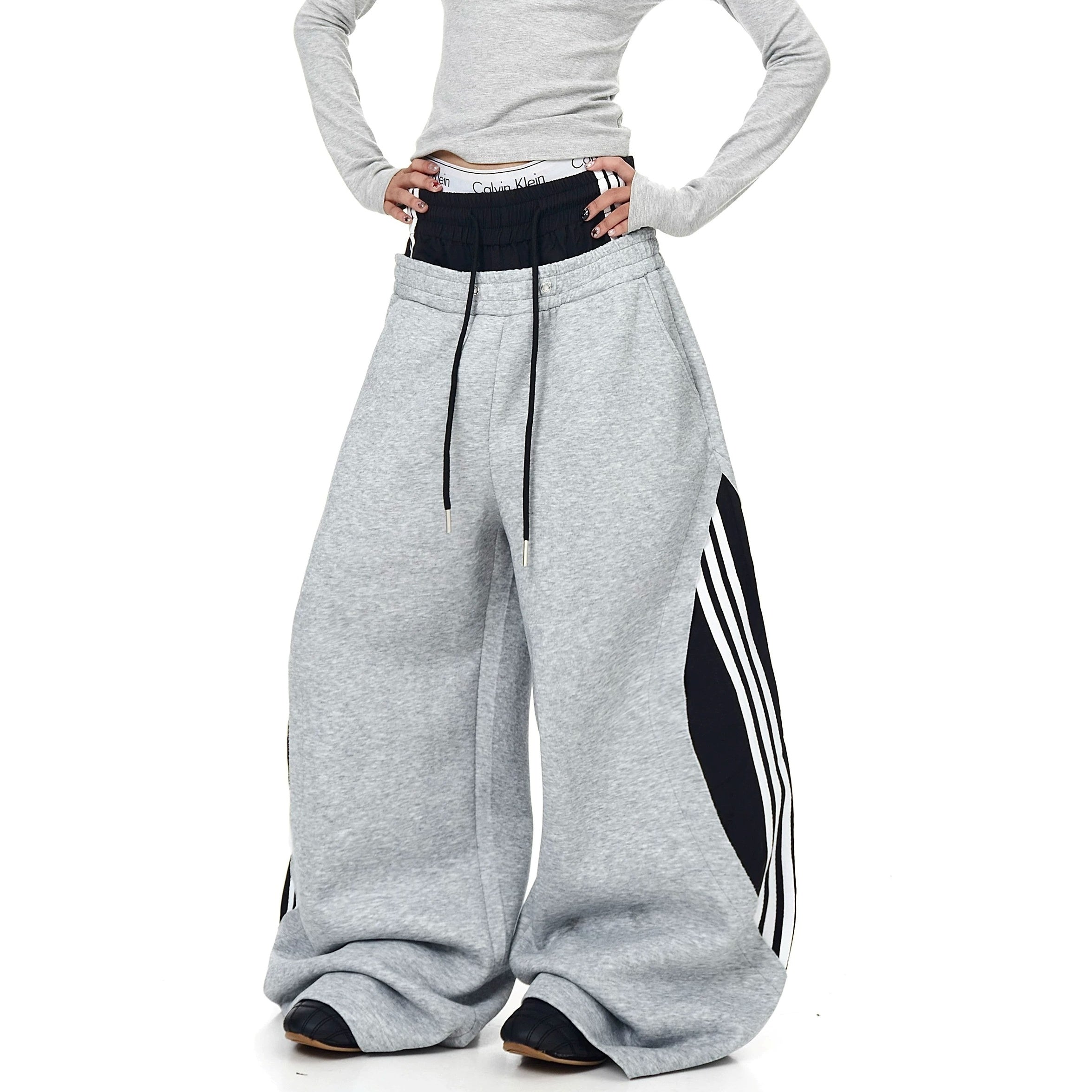 Double-Waist Patchwork Three-Stripe Wide Sweat Pants MB7406
