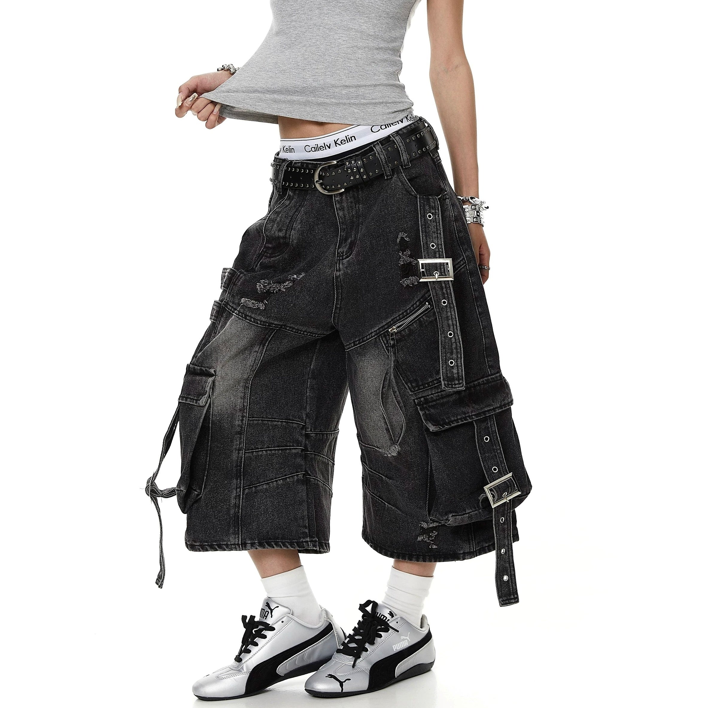 Straps Deconstructed Cropped Denim Cargo Pants MB7402