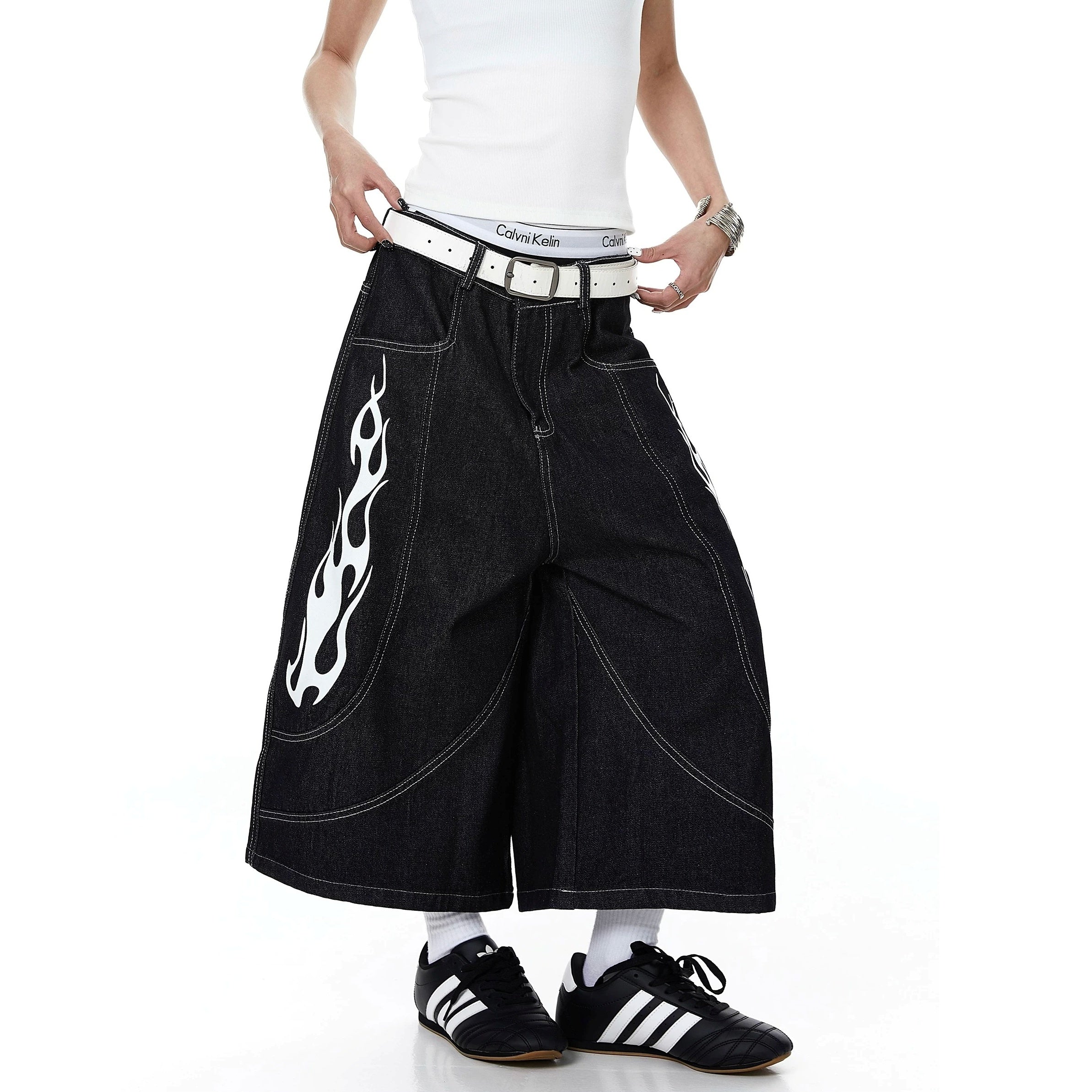 Flame Print Cropped Denim Wide Pants MB7410