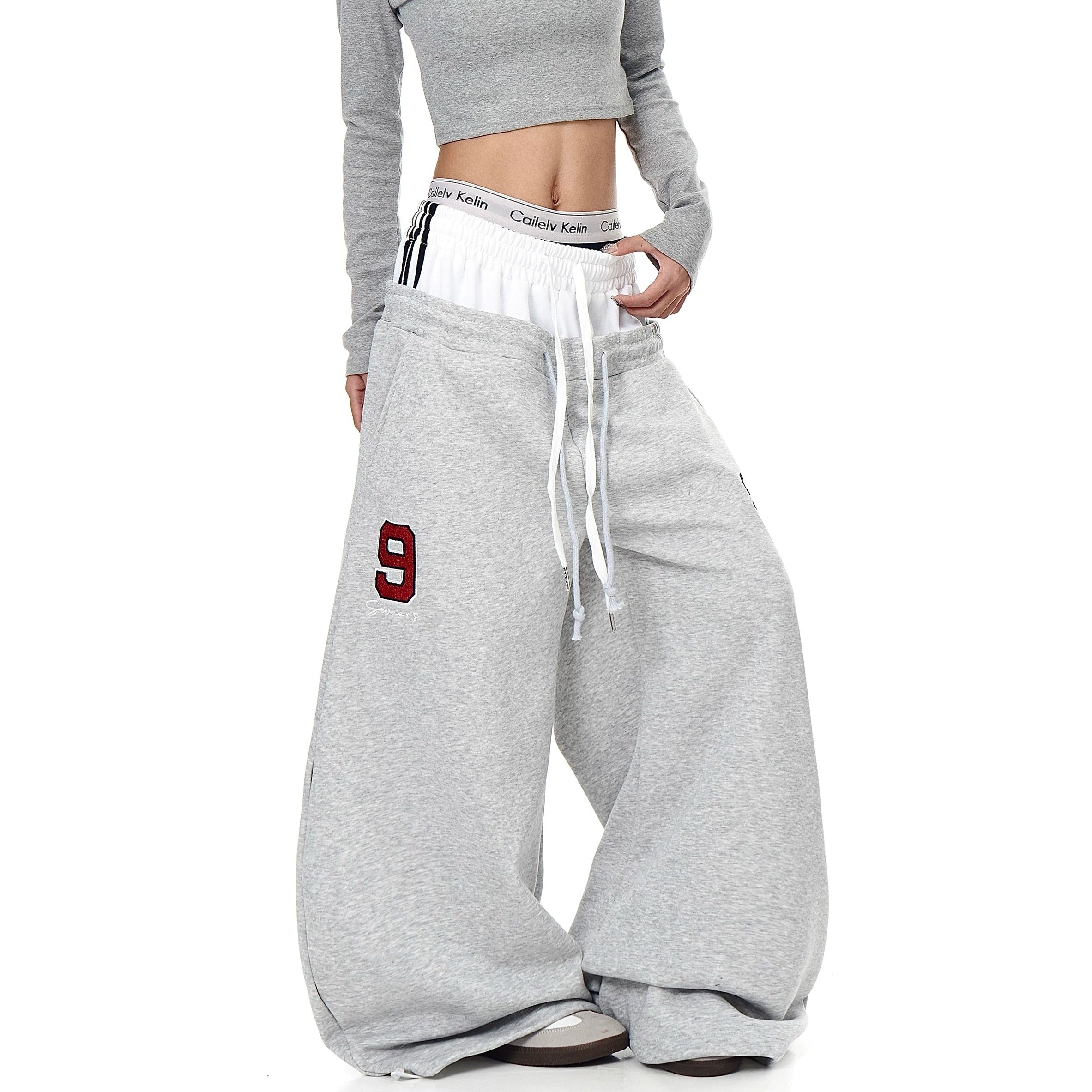 Double-Waist Letter Print Curve Sweat Pants MB7414