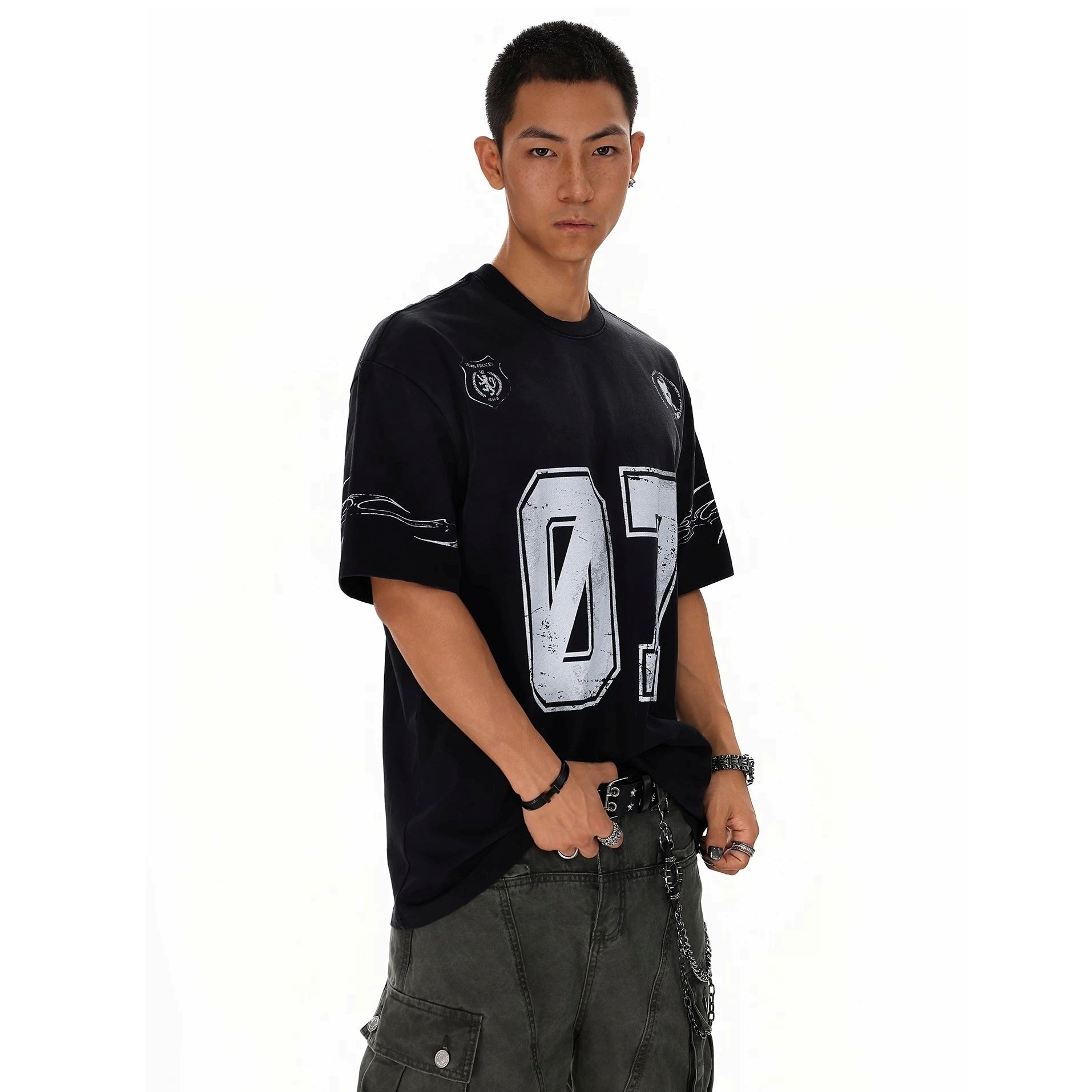 Dirty Dye Distressed Numbering Printed T-Shirt MB7415