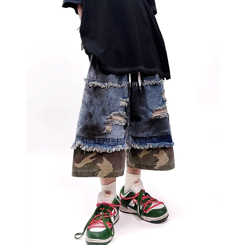 Camouflage Ripped Cropped Denim Pants MB7377