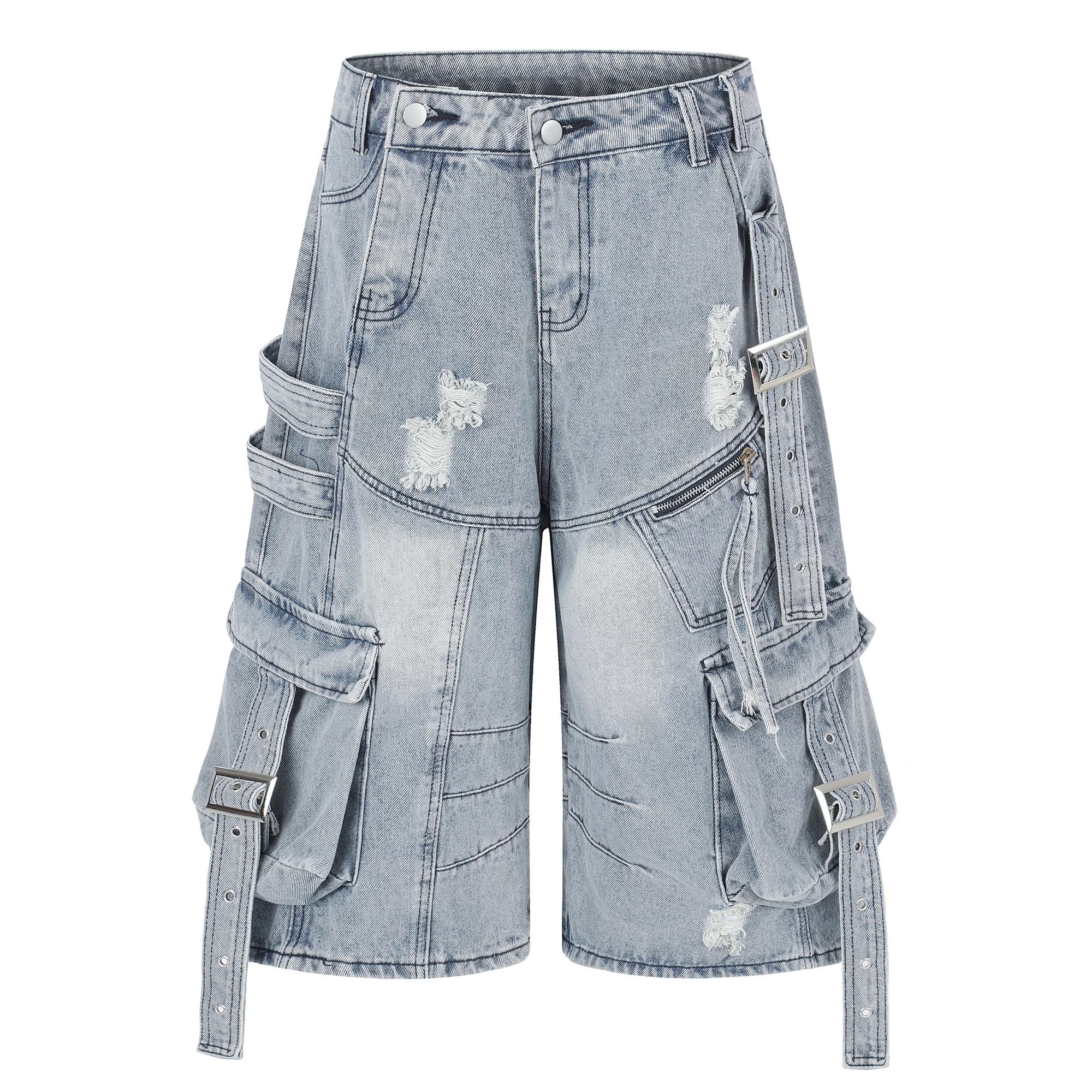 Straps Deconstructed Cropped Denim Cargo Pants MB7402