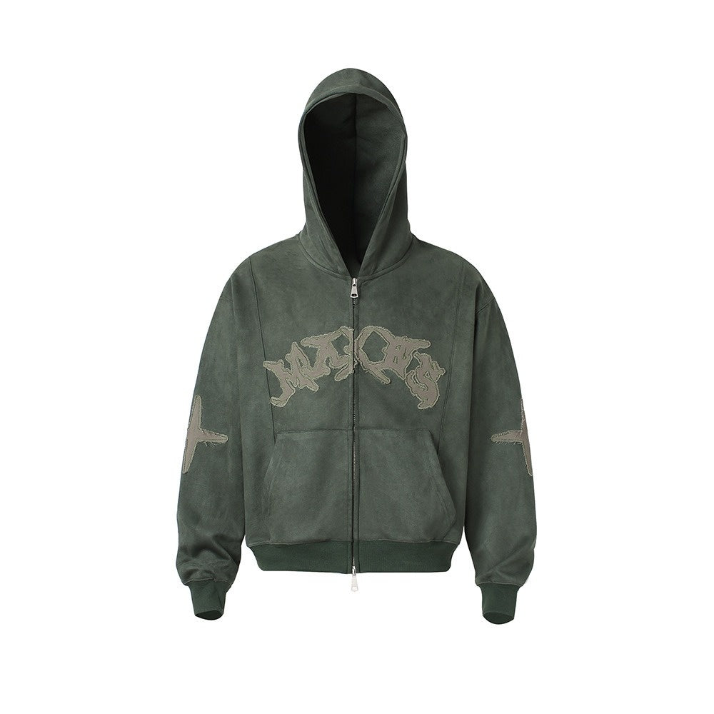 Letter Embroidered Suede Like Zipper Hoodie MB7435