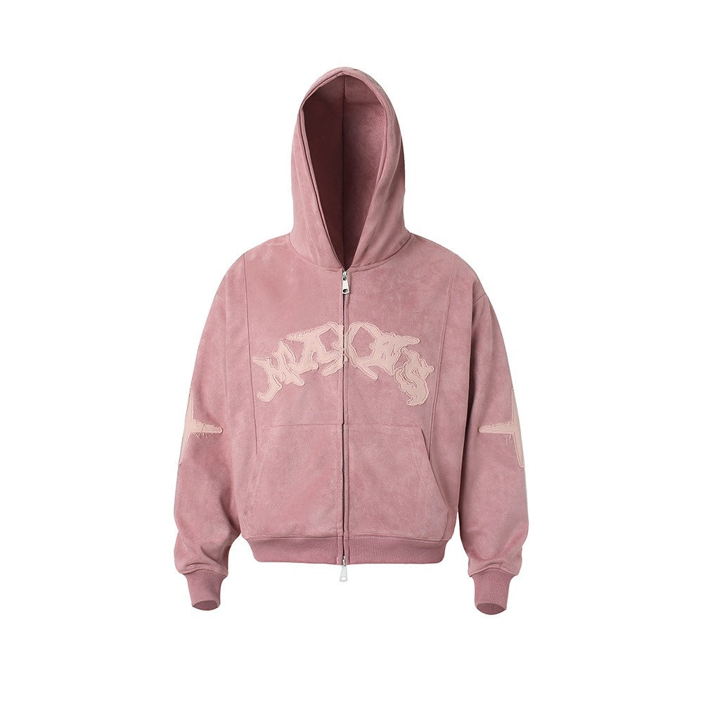 Letter Embroidered Suede Like Zipper Hoodie MB7435