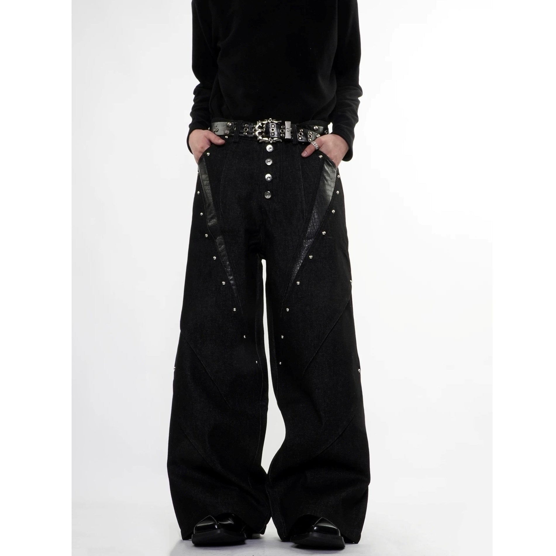 Studded Snake-Embossed Wide Denim Pants MB7411