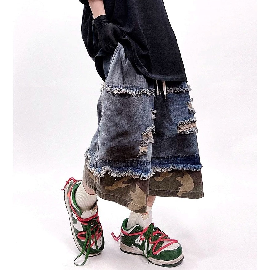 Camouflage Ripped Cropped Denim Pants MB7377