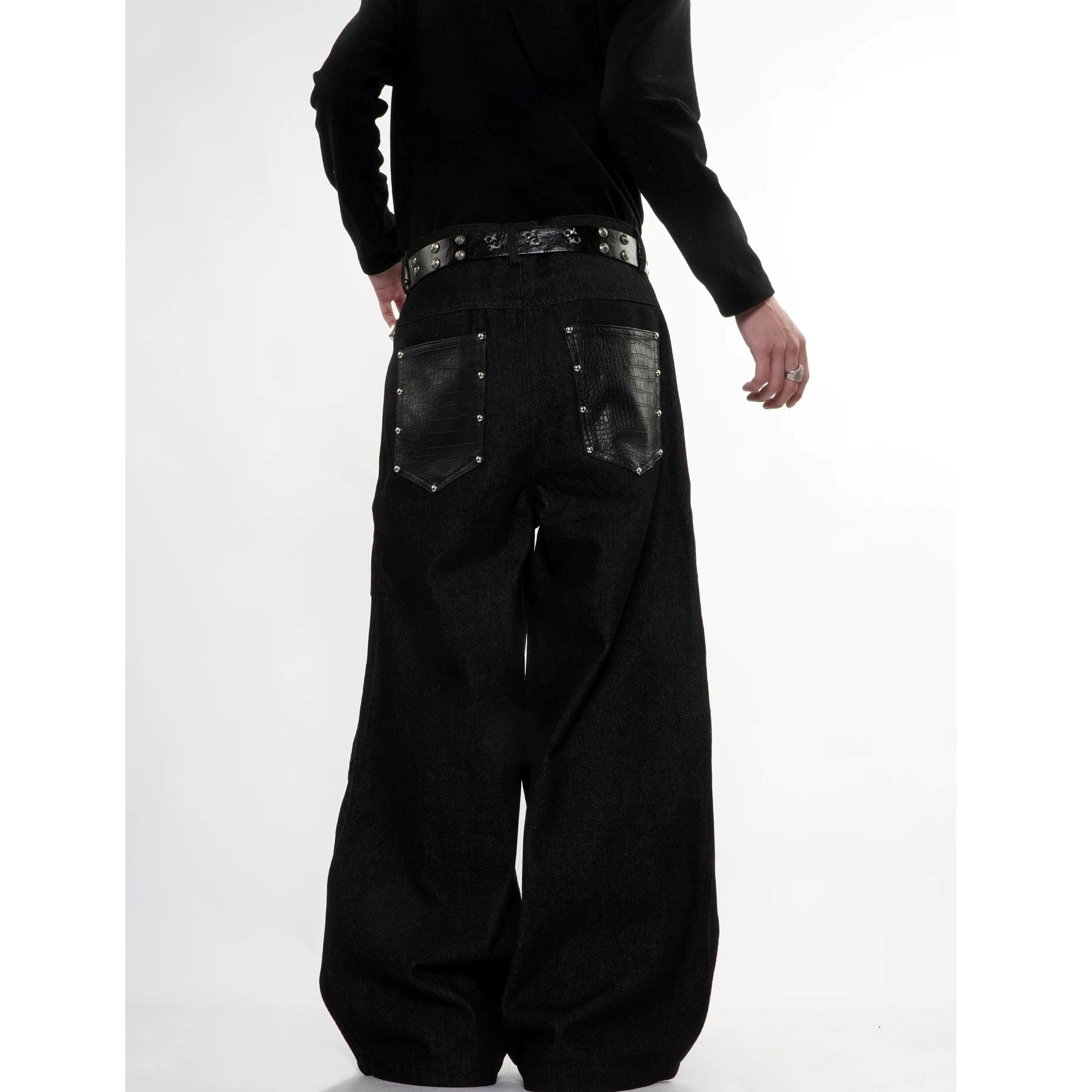 Studded Snake-Embossed Wide Denim Pants MB7411