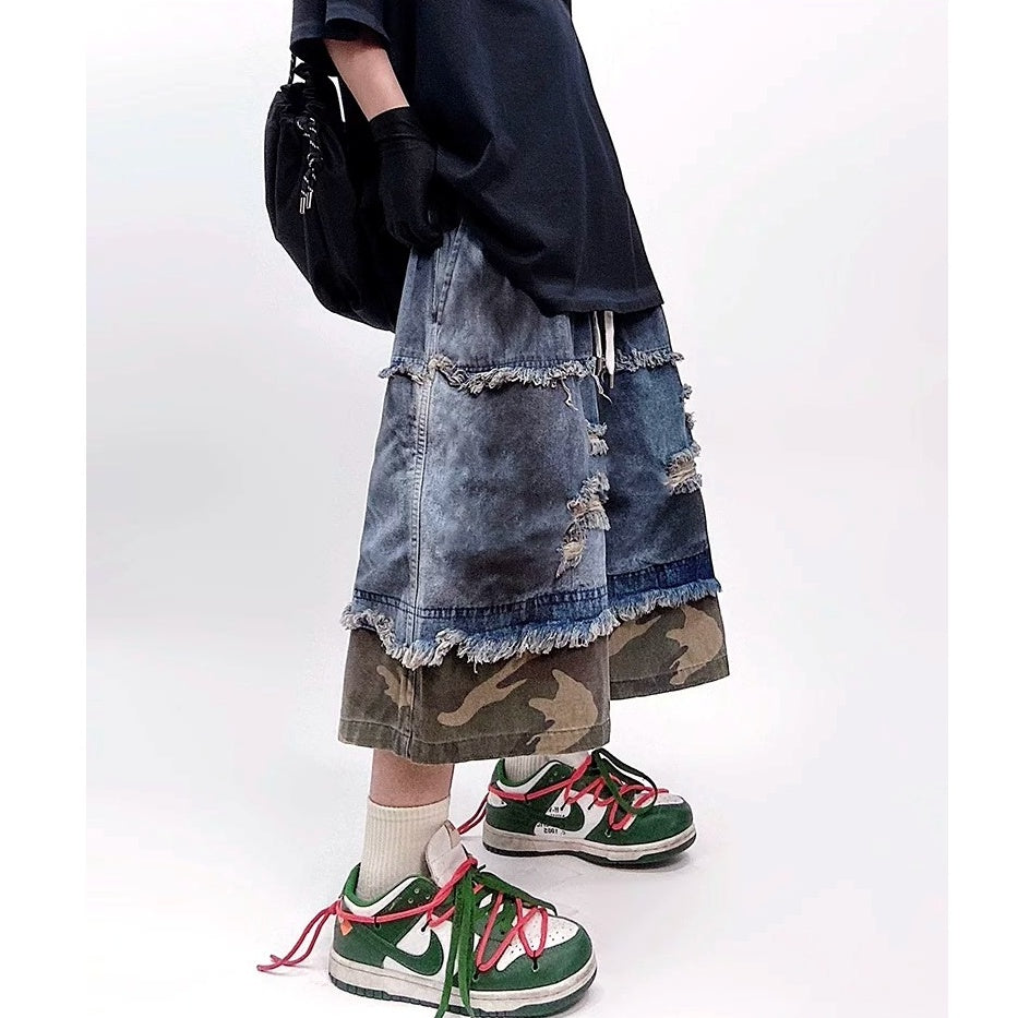Camouflage Ripped Cropped Denim Pants MB7377