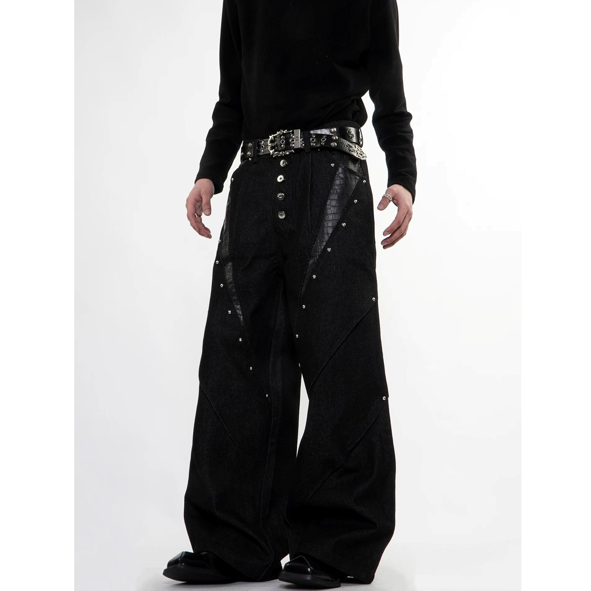 Studded Snake-Embossed Wide Denim Pants MB7411