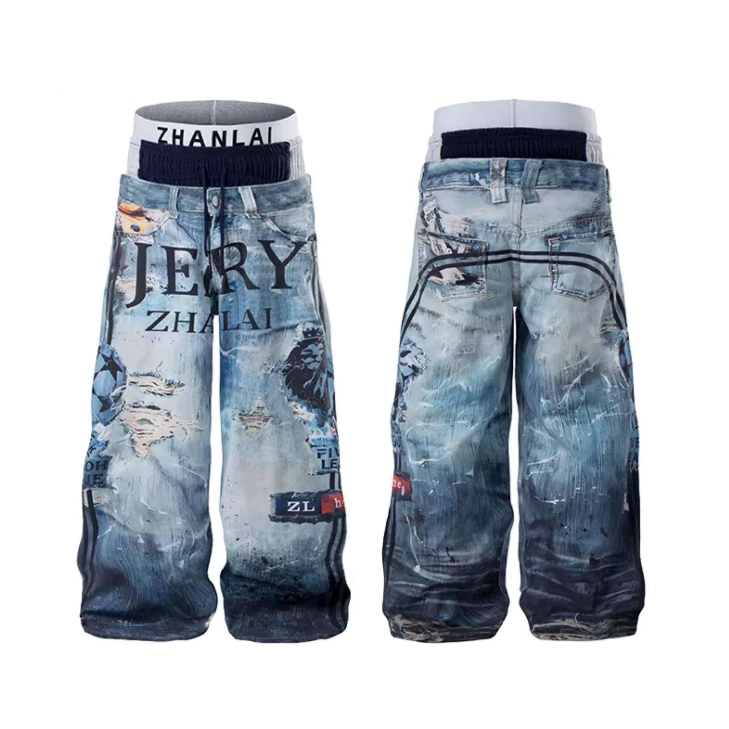 Graffiti Printed Triple Waist Wide Jeans MB7404