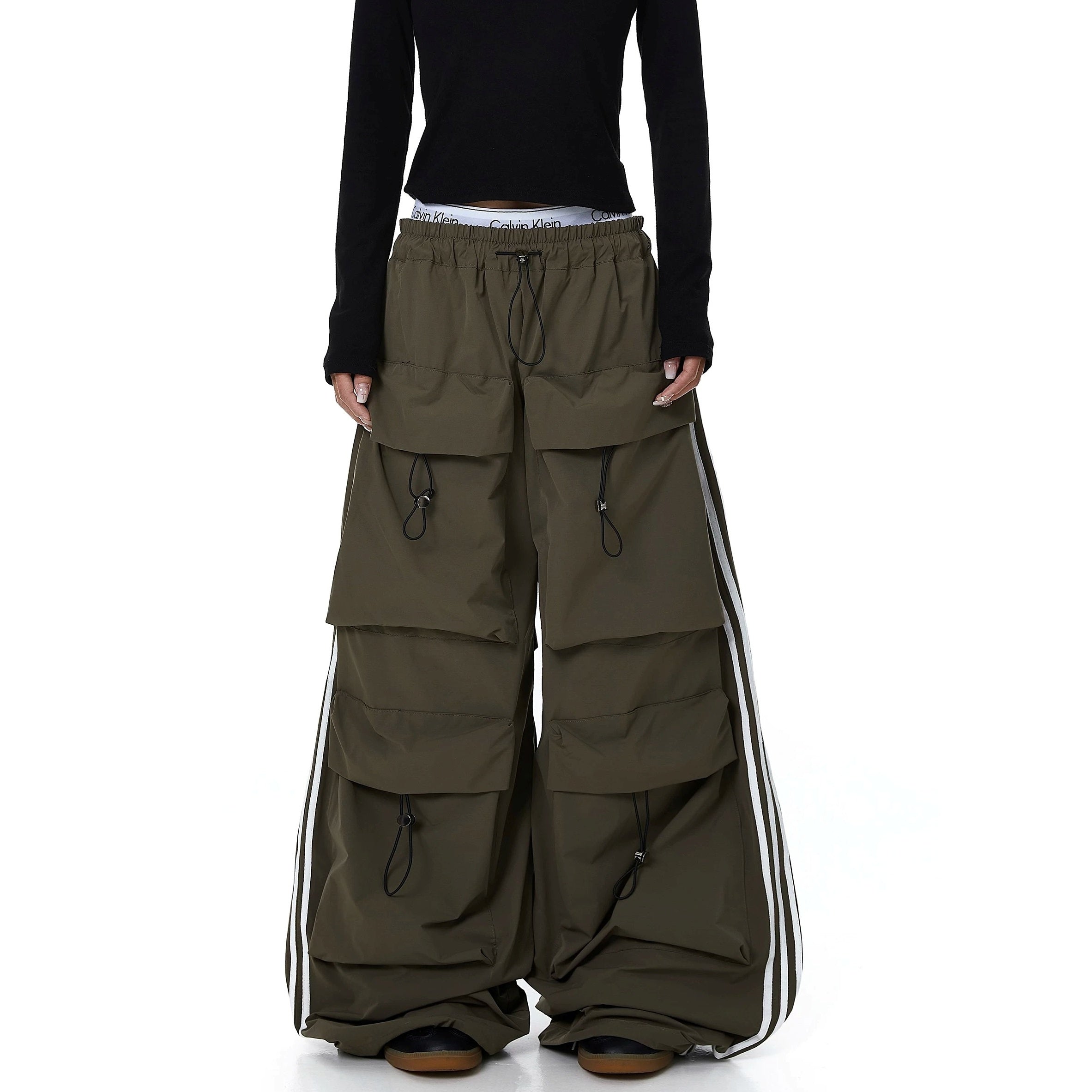 Striped Pleated Multi-Pocket Paratrooper Pants MB7403