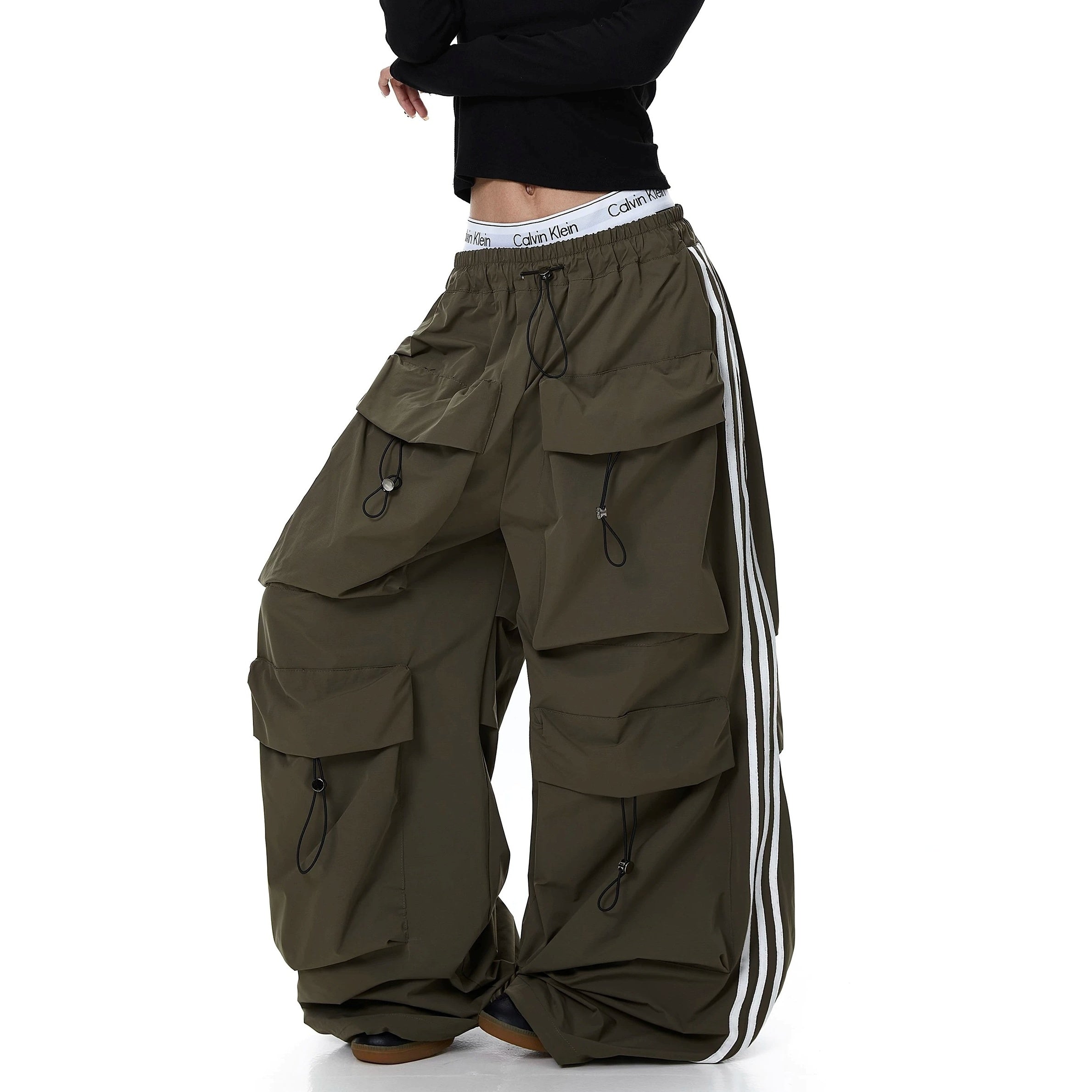 Striped Pleated Multi-Pocket Paratrooper Pants MB7403