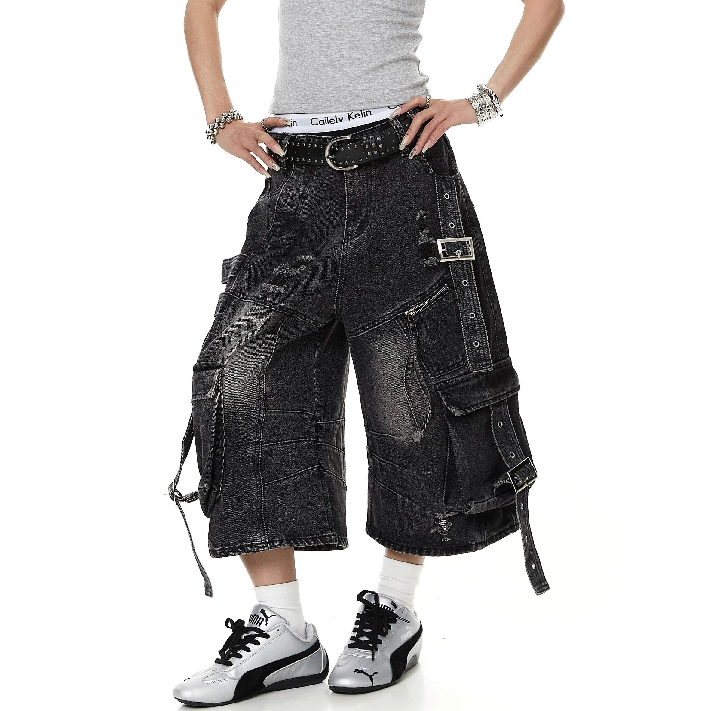 Straps Deconstructed Cropped Denim Cargo Pants MB7402