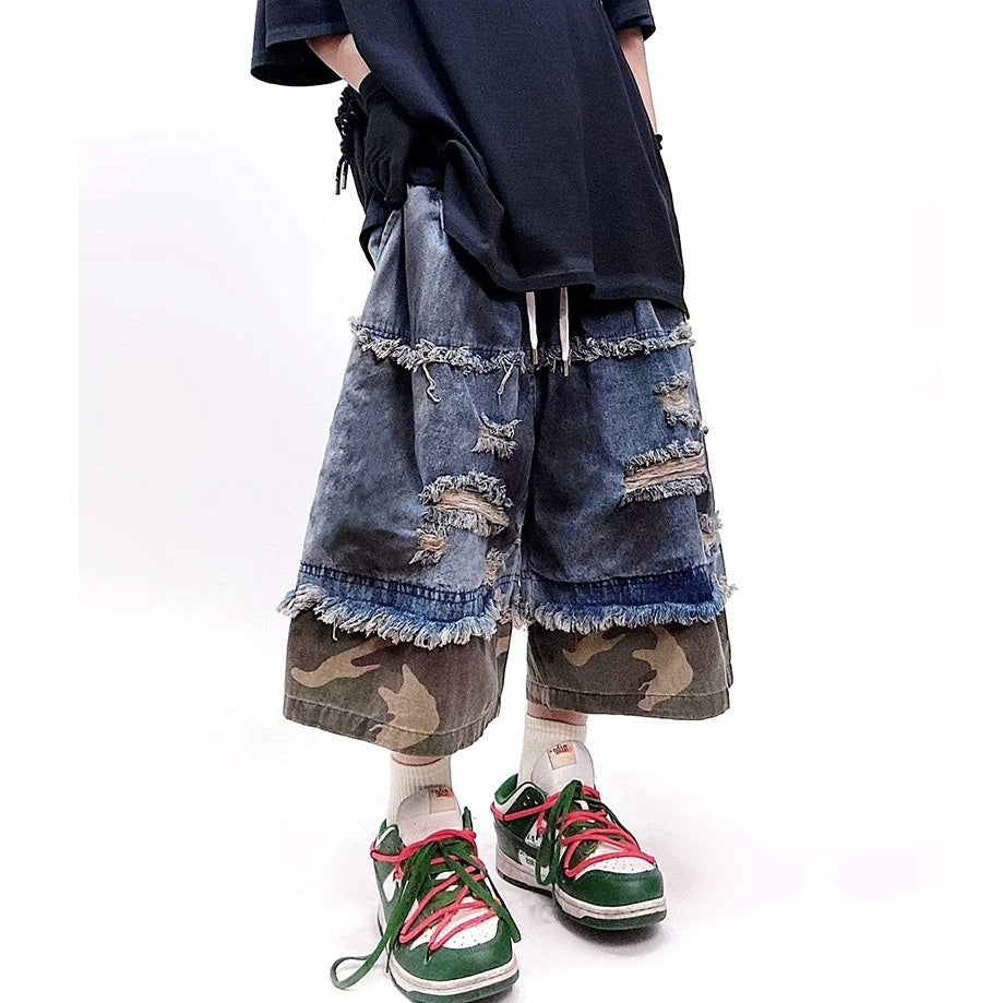 Camouflage Ripped Cropped Denim Pants MB7377