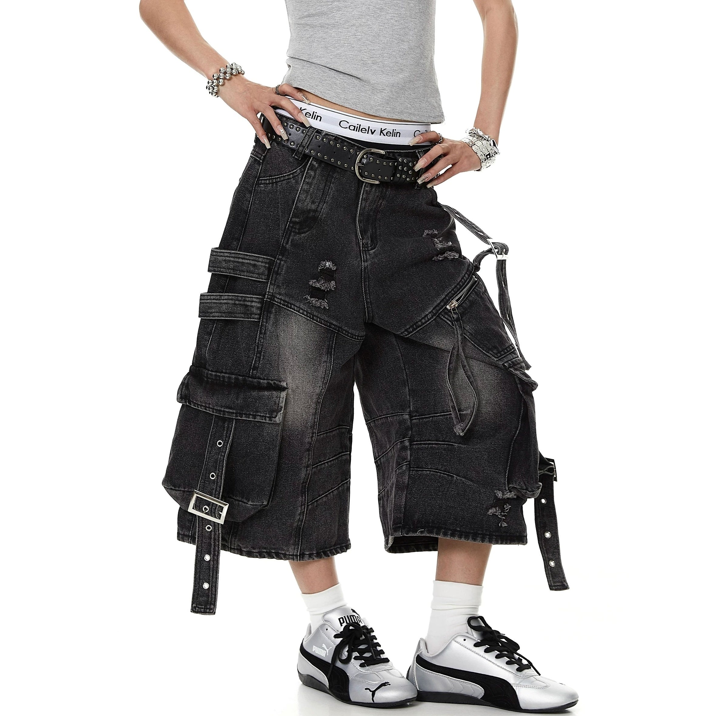 Straps Deconstructed Cropped Denim Cargo Pants MB7402