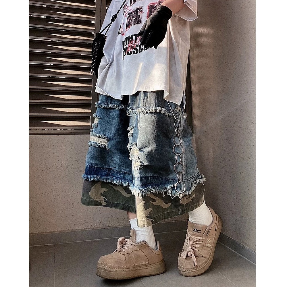 Camouflage Ripped Cropped Denim Pants MB7377