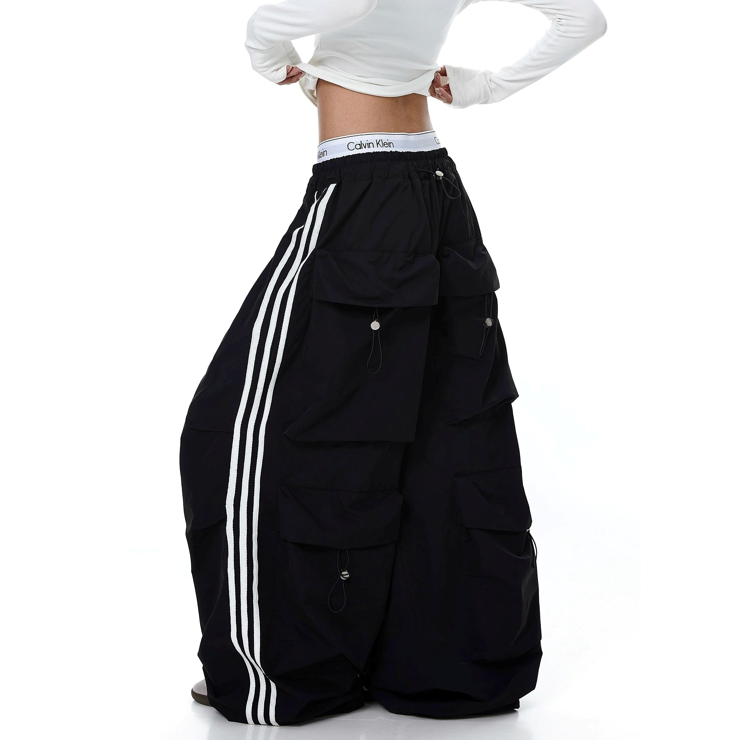 Striped Pleated Multi-Pocket Paratrooper Pants MB7403