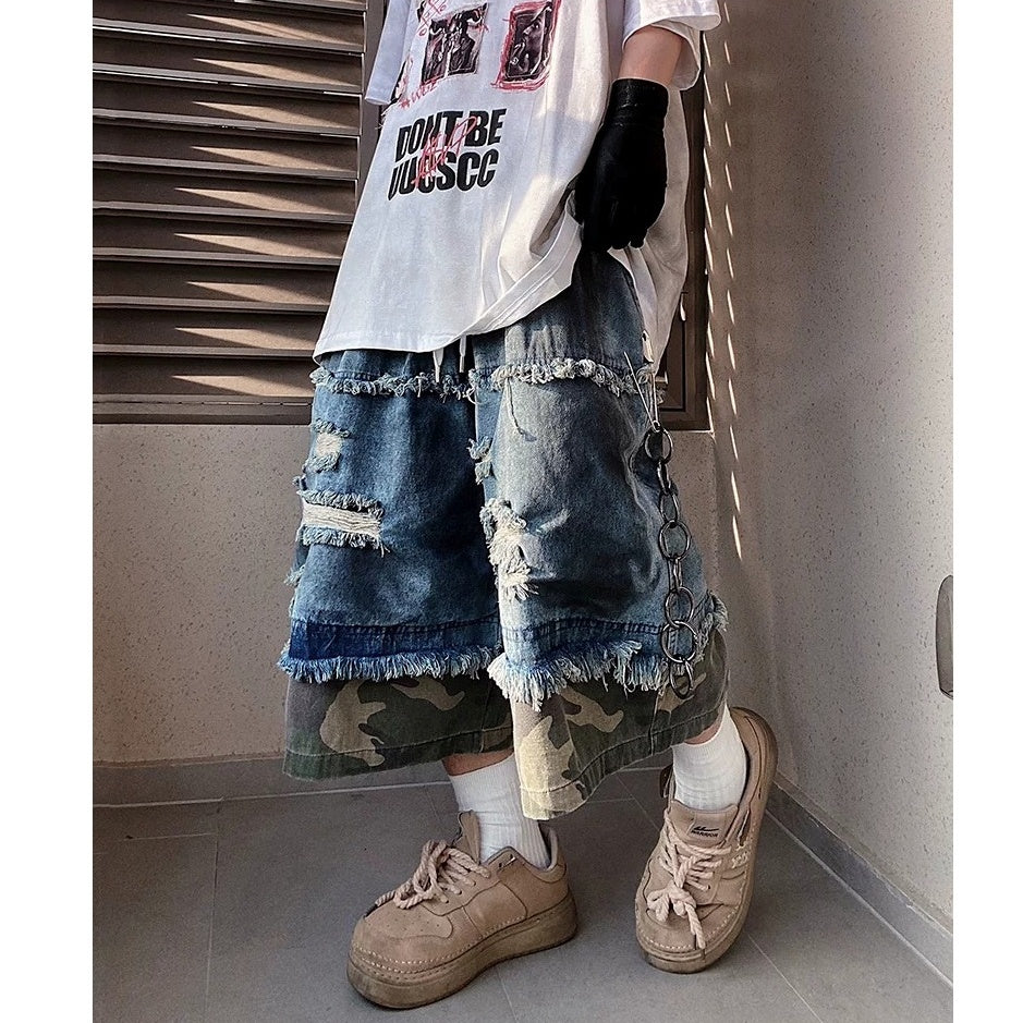 Camouflage Ripped Cropped Denim Pants MB7377