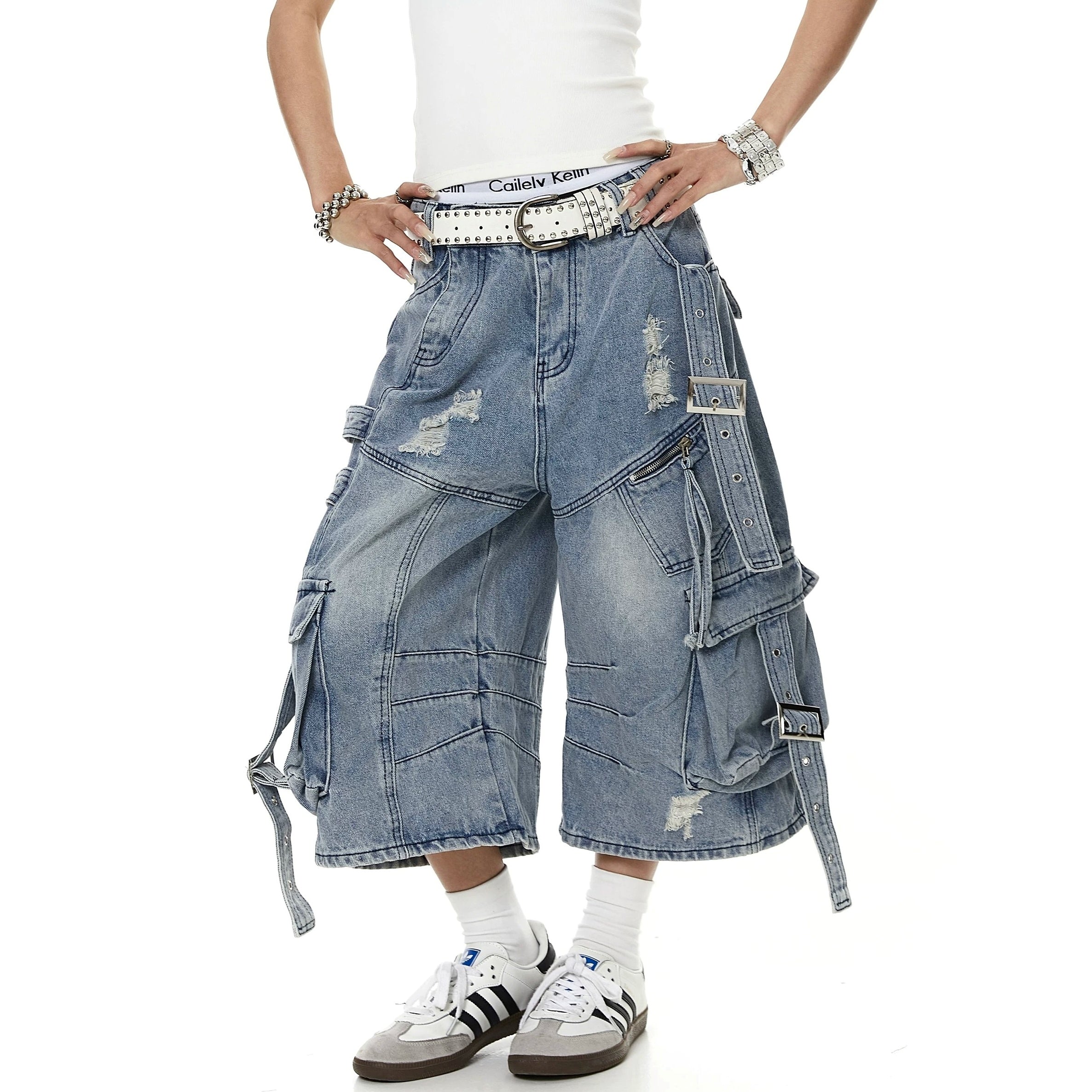 Straps Deconstructed Cropped Denim Cargo Pants MB7402