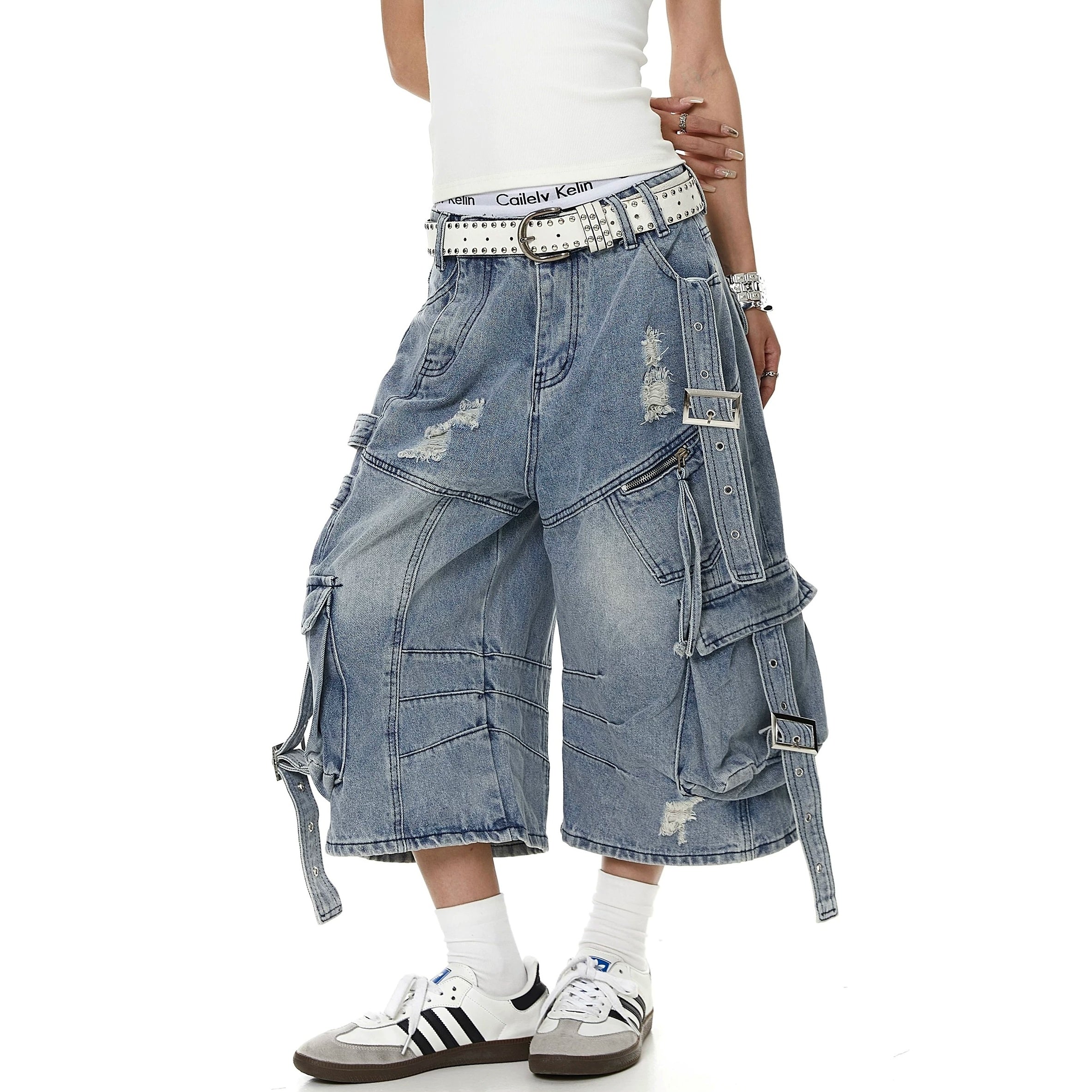 Straps Deconstructed Cropped Denim Cargo Pants MB7402