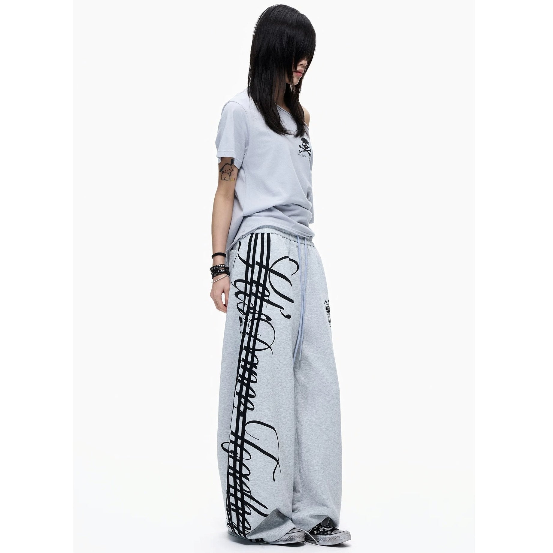 Side Line Letter Print Loose Sweat Pants MB7405