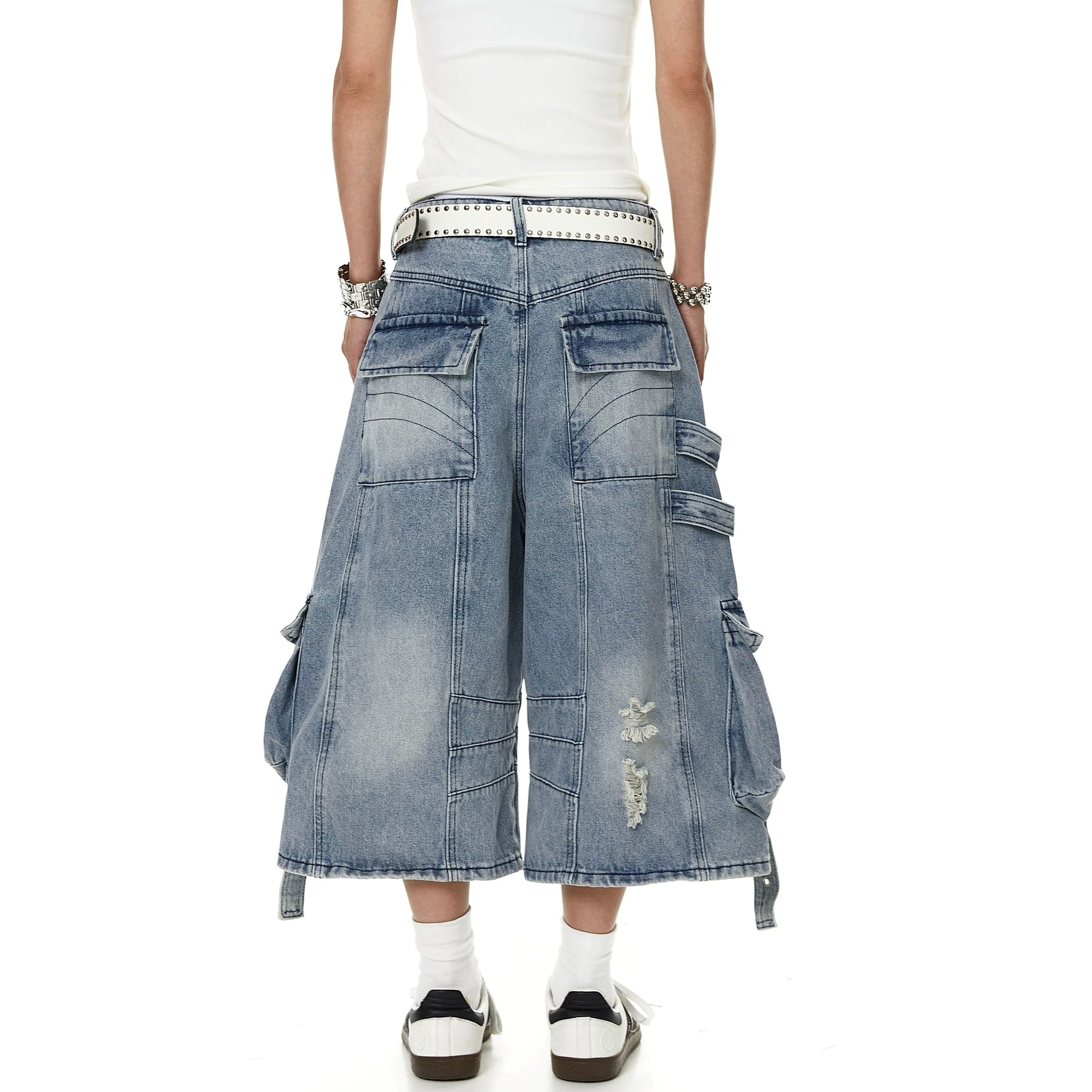 Straps Deconstructed Cropped Denim Cargo Pants MB7402
