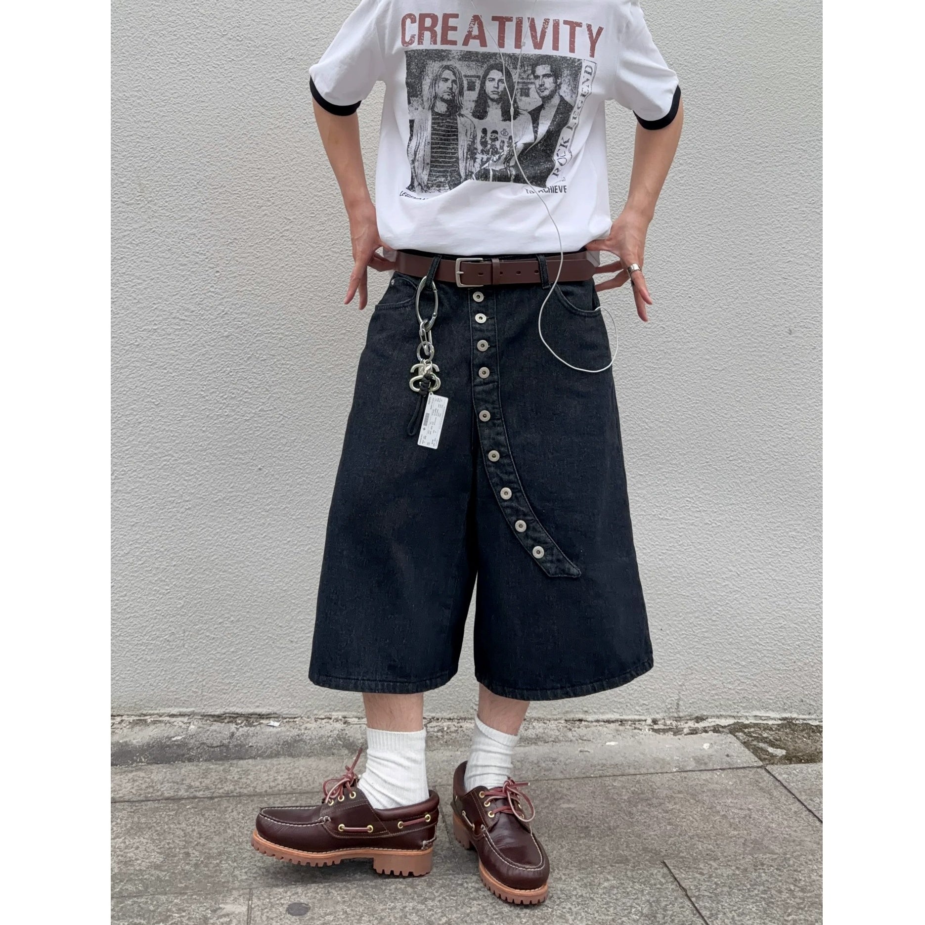 Asymmetric Curve Button Wide Cropped Jeans MB7390