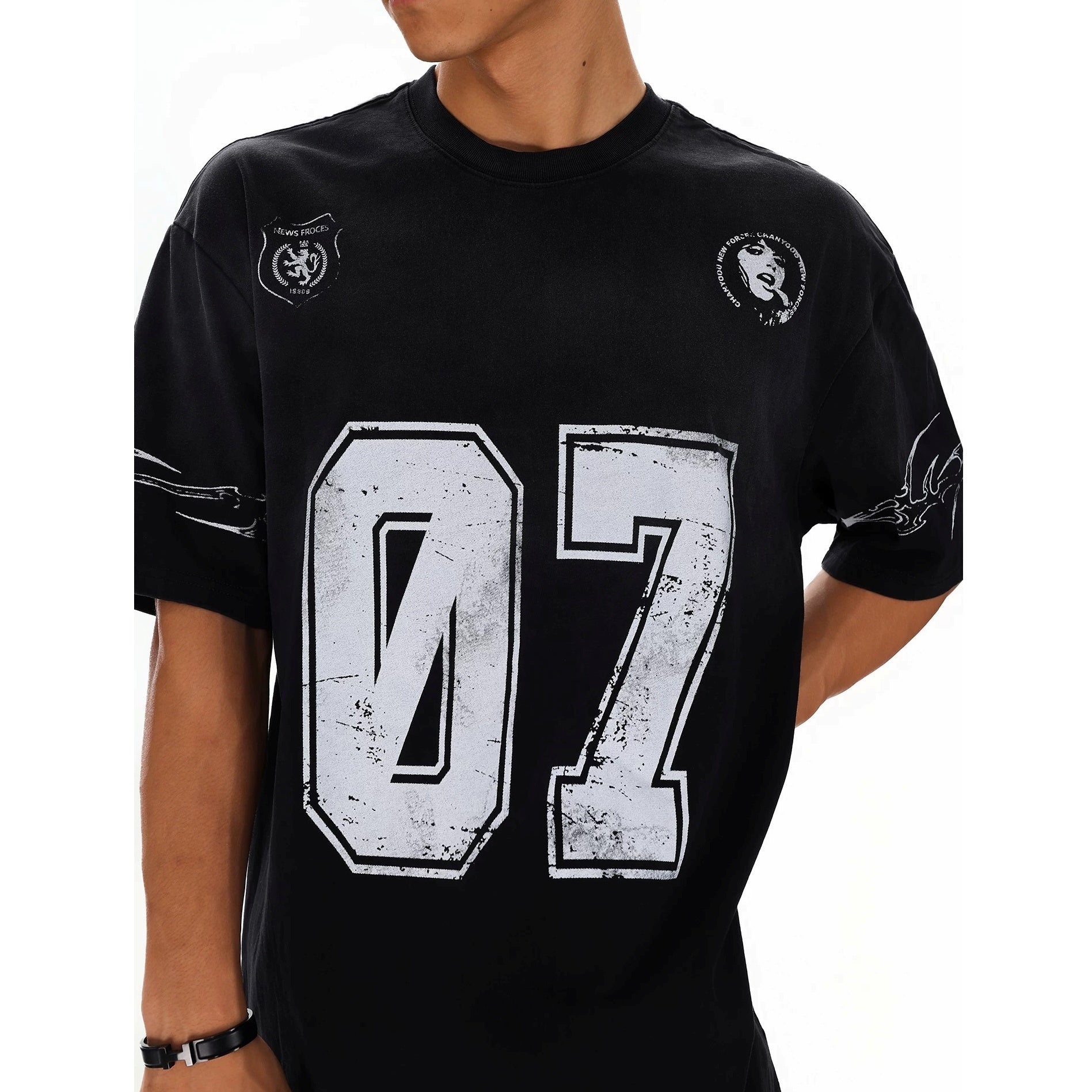 Dirty Dye Distressed Numbering Printed T-Shirt MB7415