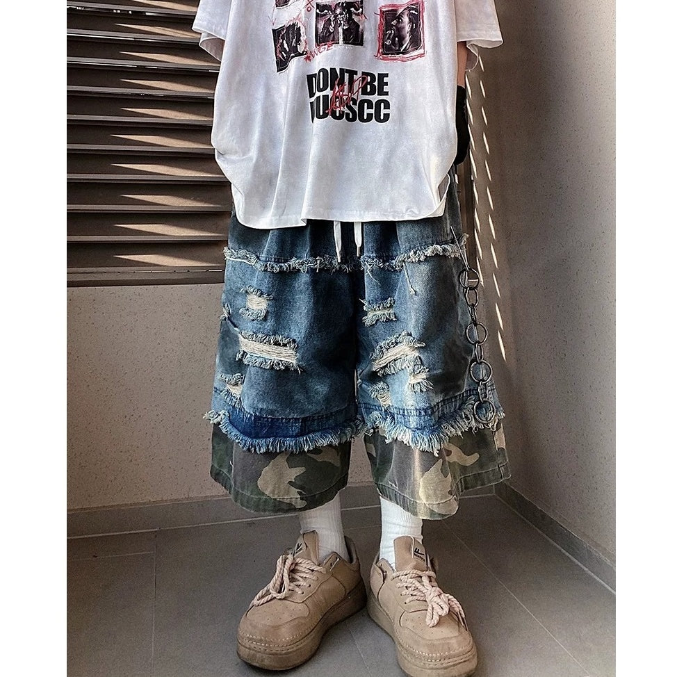 Camouflage Ripped Cropped Denim Pants MB7377
