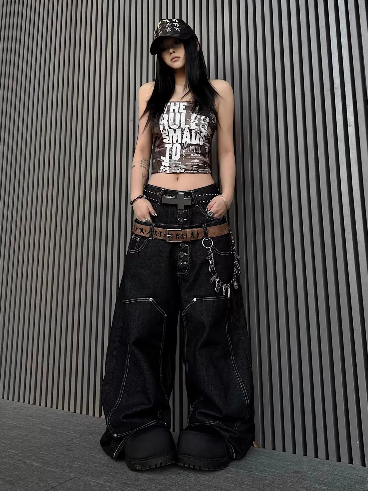 Double-Waist Back Logo Loose Denim Pants MB7459
