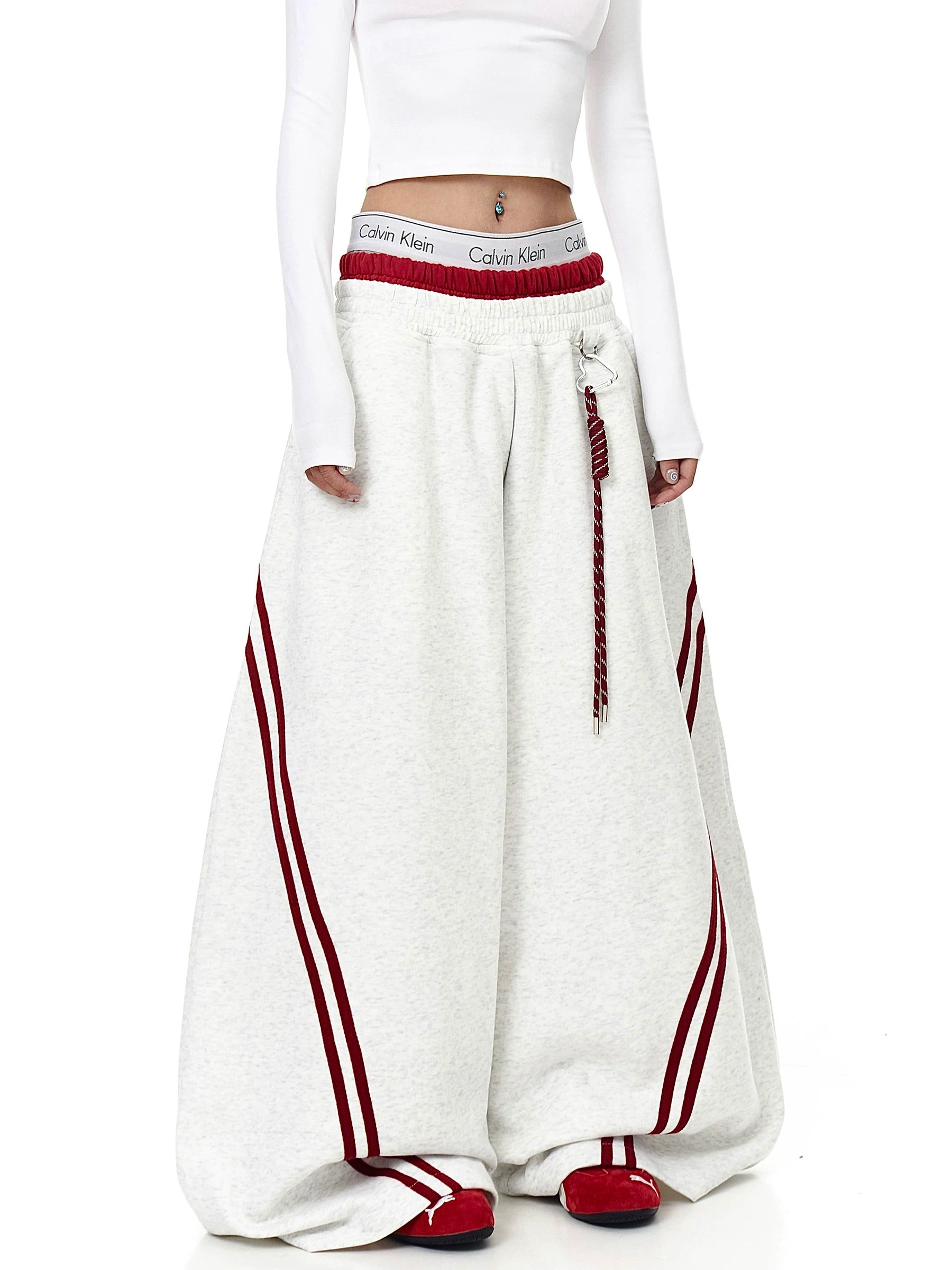 Contrasting Line Double-Waist Wide Curve Sweat Pants MB7431