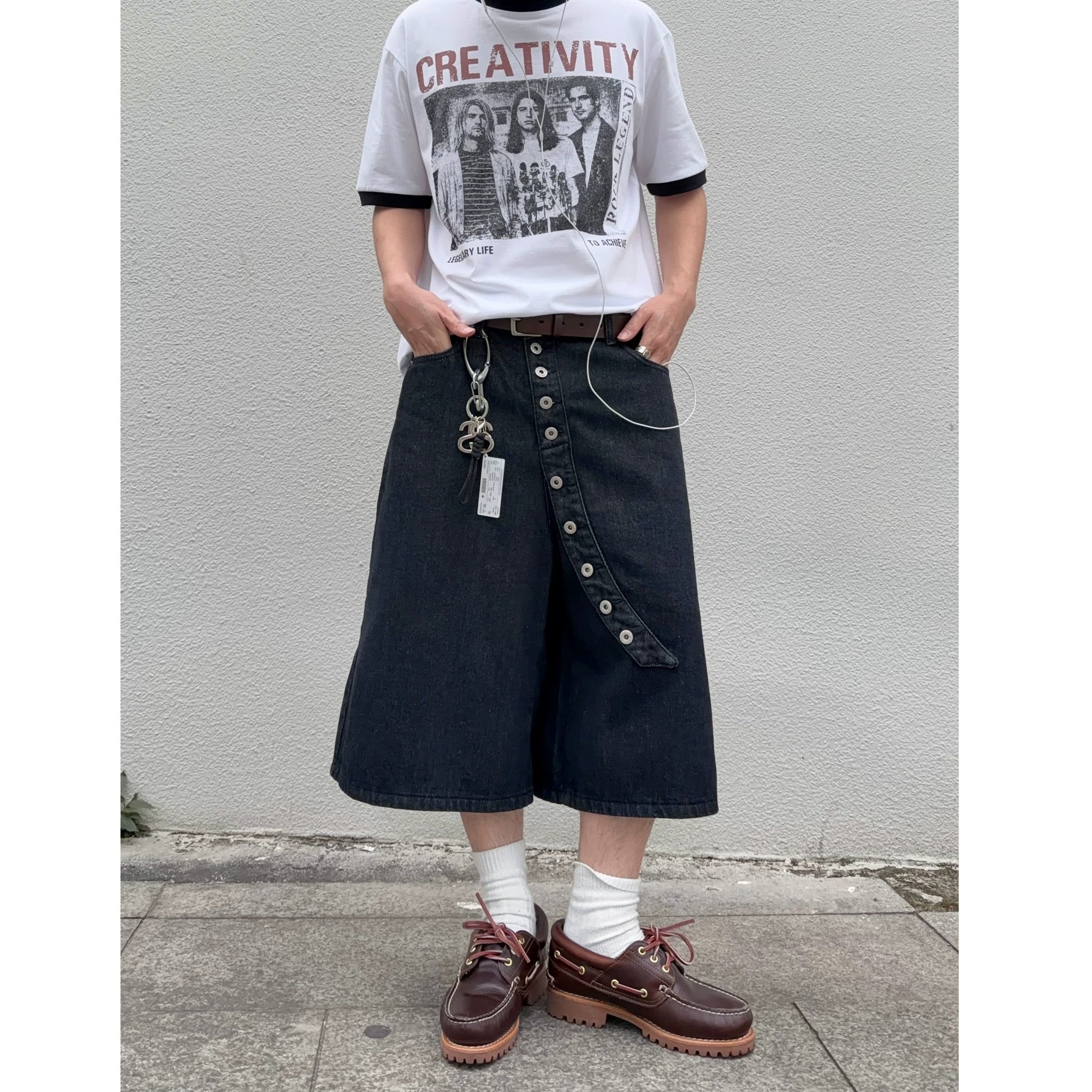 Asymmetric Curve Button Wide Cropped Jeans MB7390