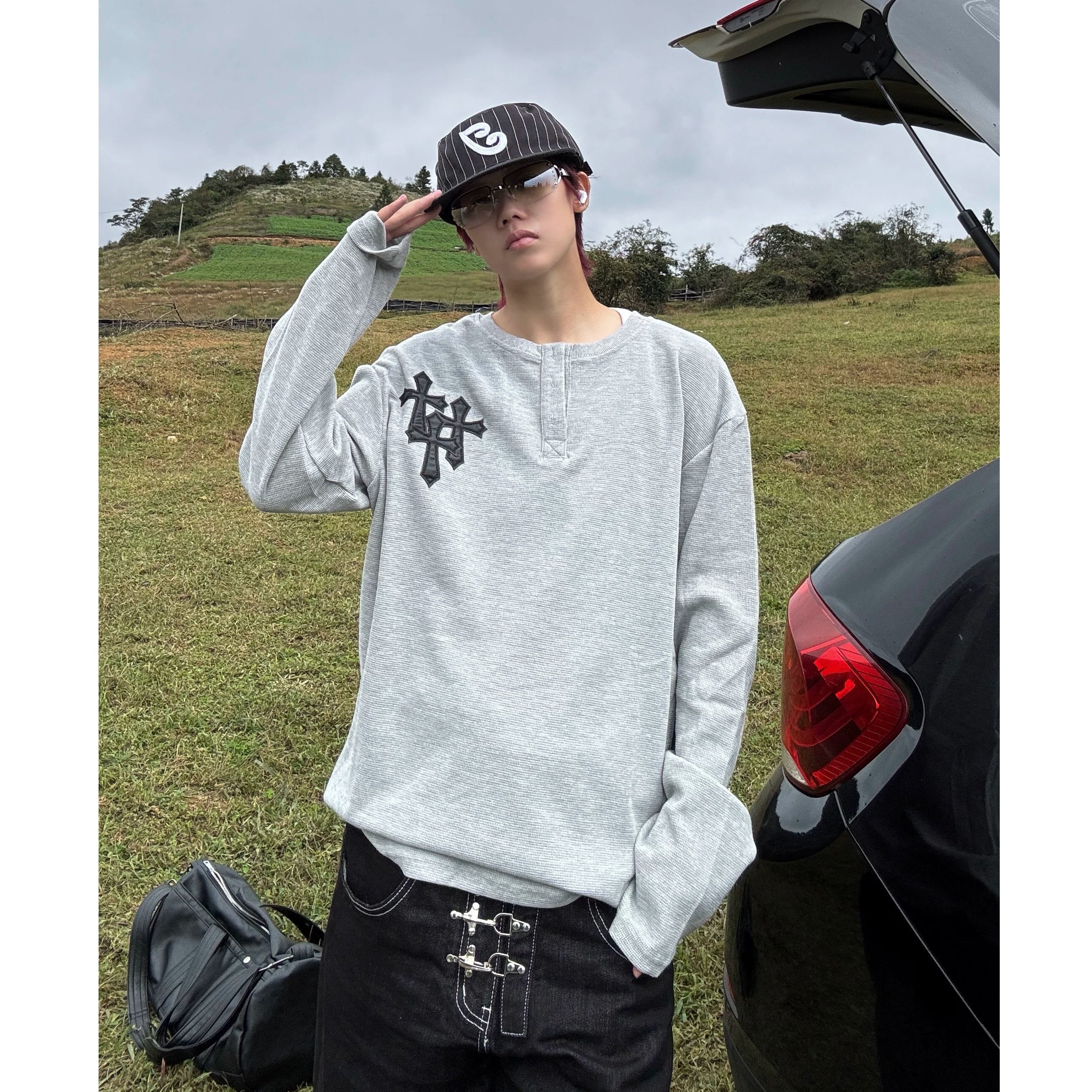 Cross Patchwork Waffle Henry Long Sleeve T-Shirt MB7421