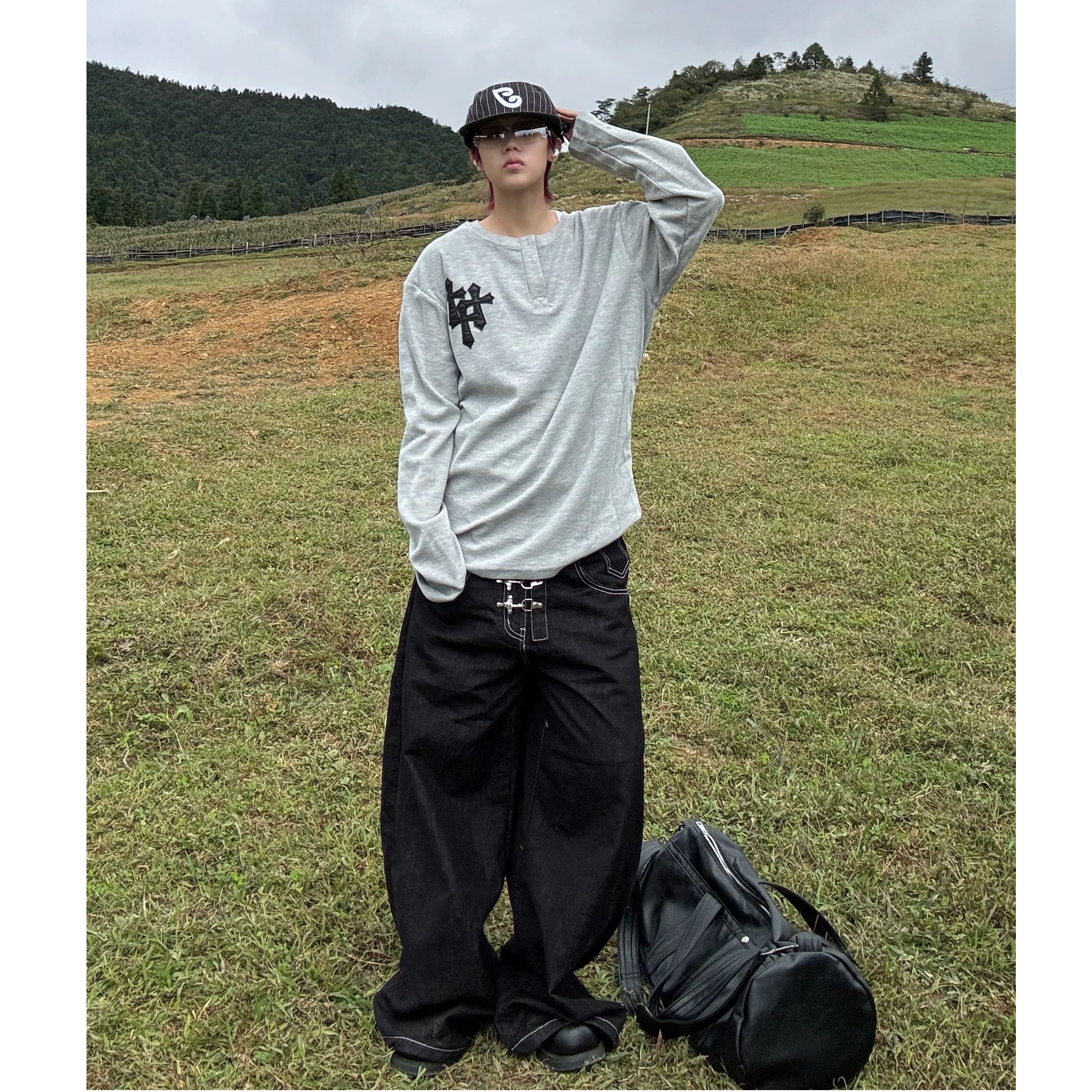 Cross Patchwork Waffle Henry Long Sleeve T-Shirt MB7421