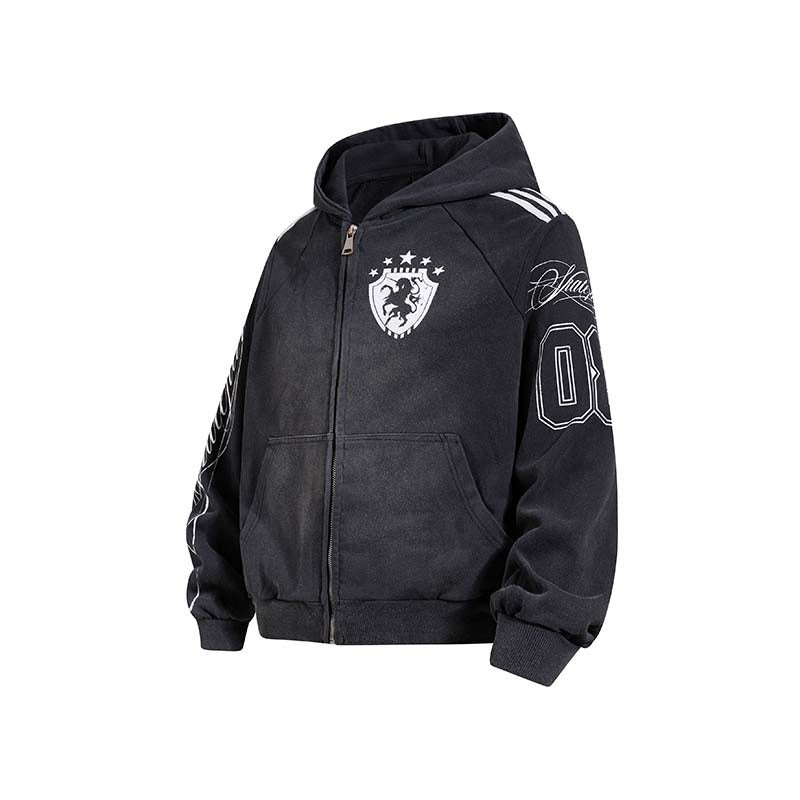 Vintage Badge Print Washed Hooded Jacket MB7463