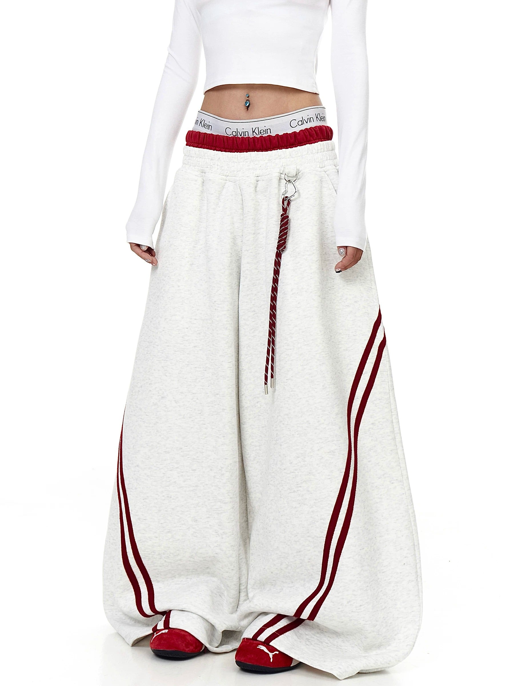 Contrasting Line Double-Waist Wide Curve Sweat Pants MB7431