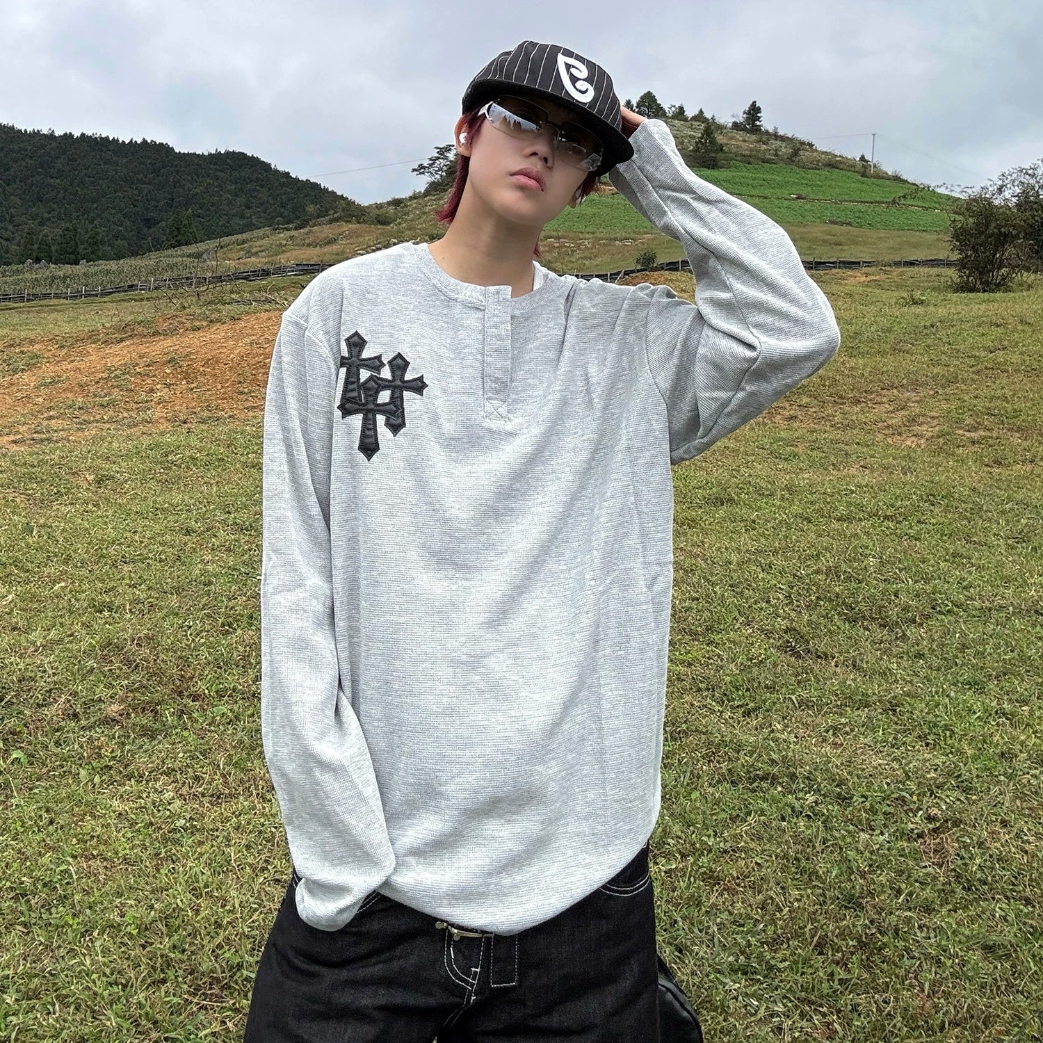 Cross Patchwork Waffle Henry Long Sleeve T-Shirt MB7421