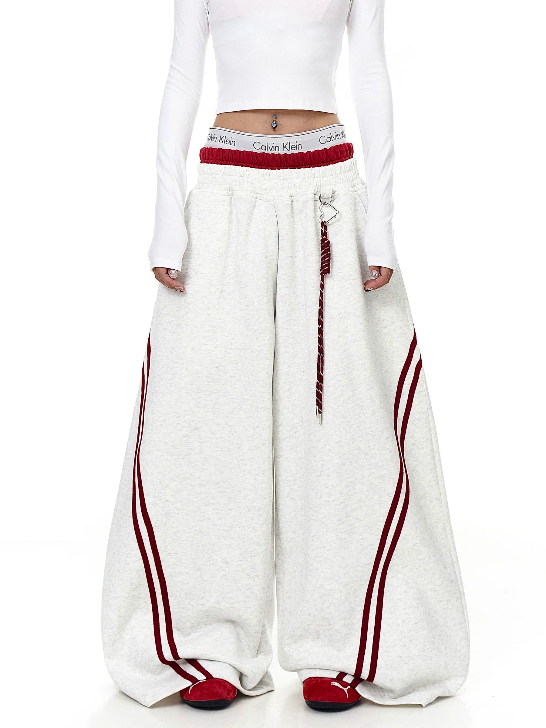 Contrasting Line Double-Waist Wide Curve Sweat Pants MB7431