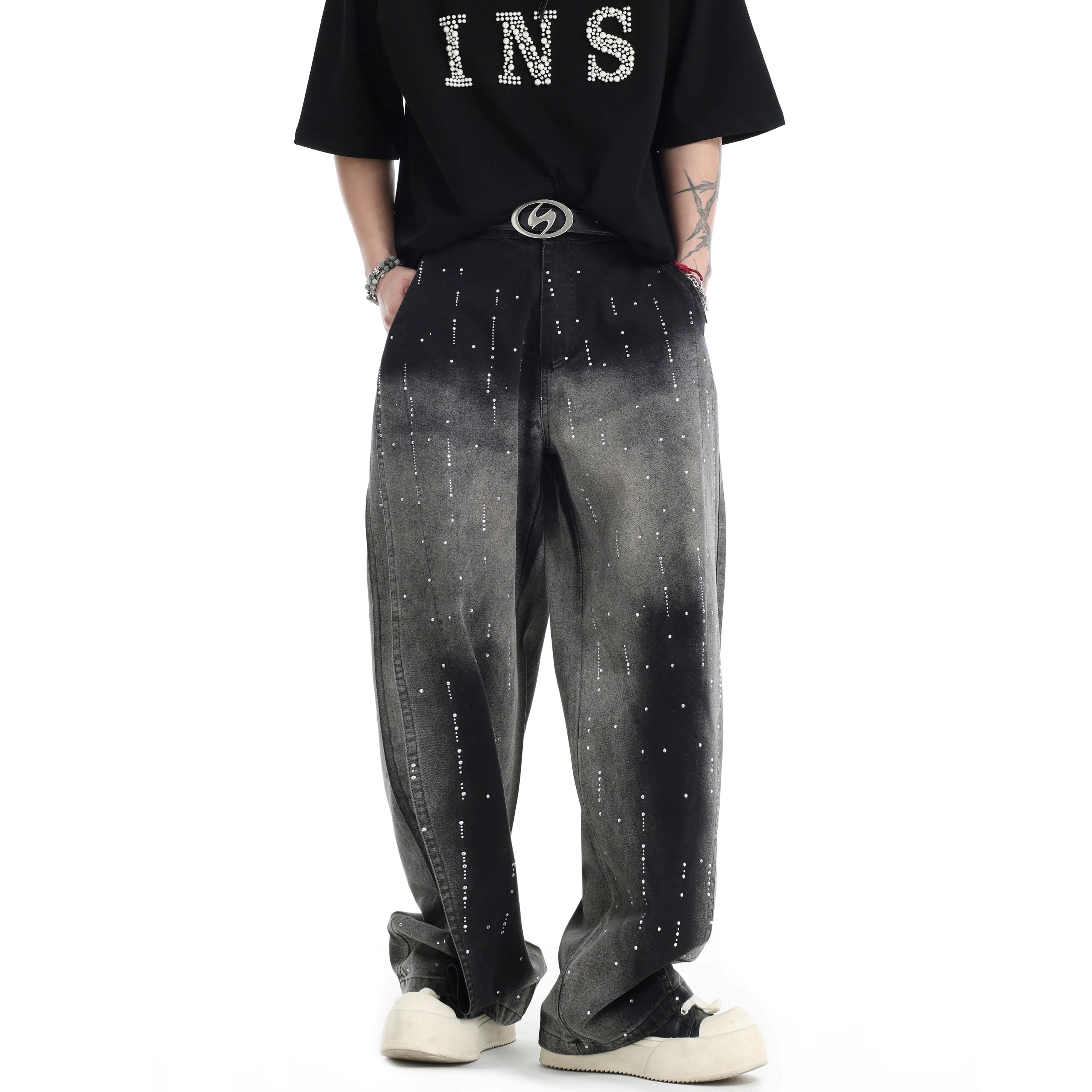 RhineStone Gradient Loose Distressed Washed Jeans IN7068