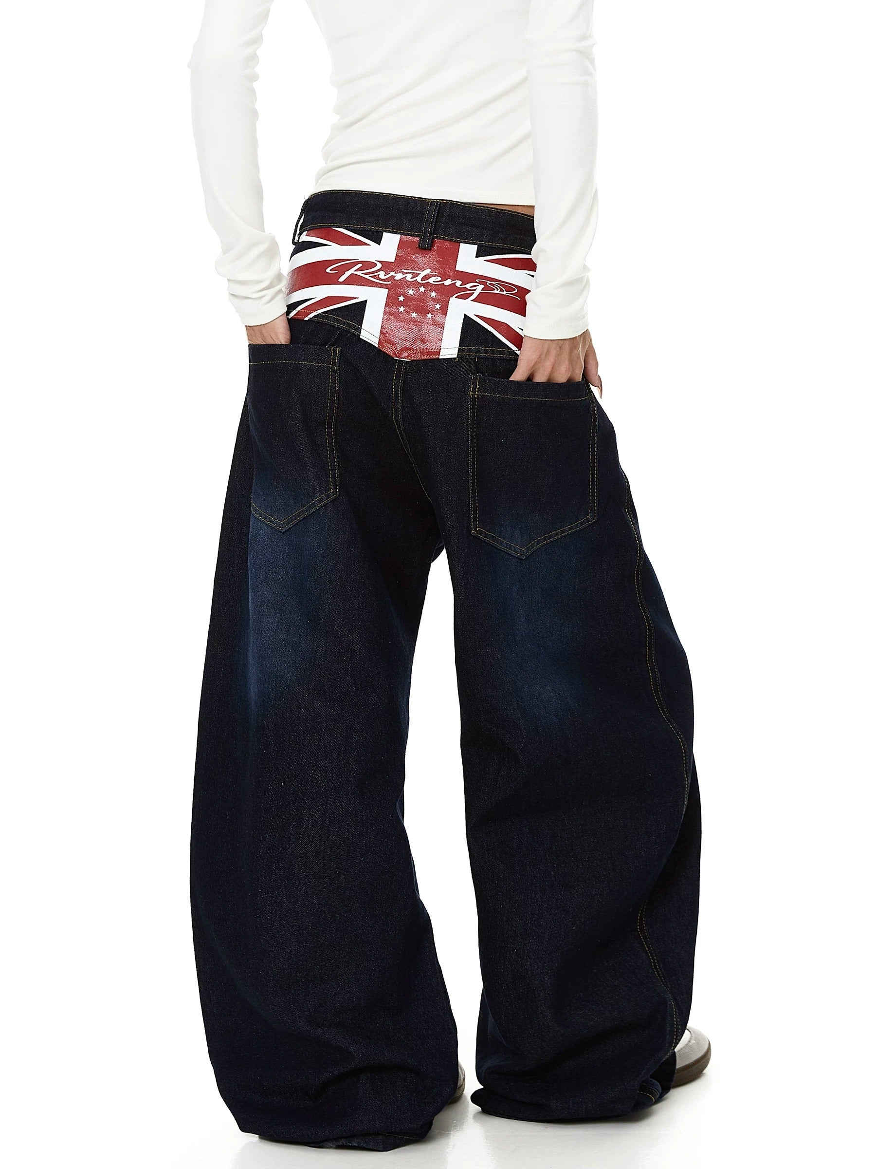 American Flag Print Washed Curved Jeans MB7443