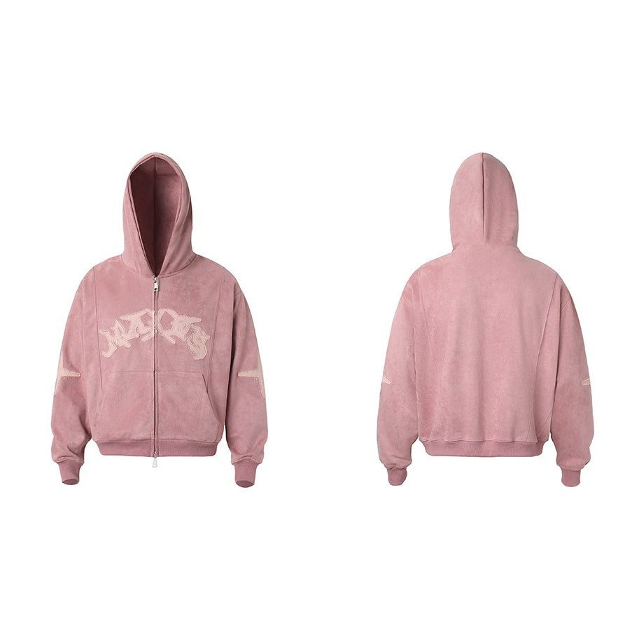 Letter Embroidered Suede Like Zipper Hoodie MB7435