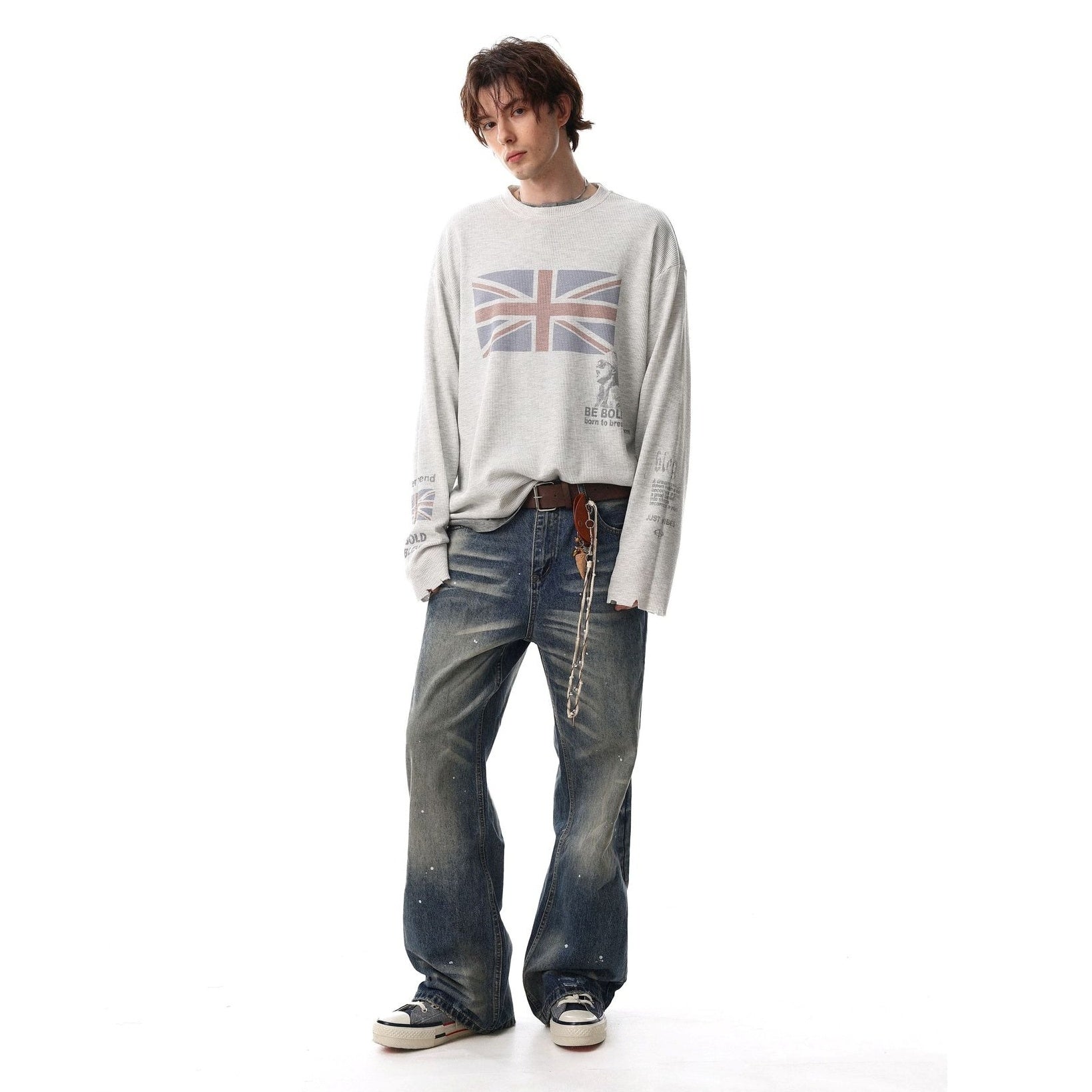 British-style Printed Long Sleeve Waffle T-shirt MB7413