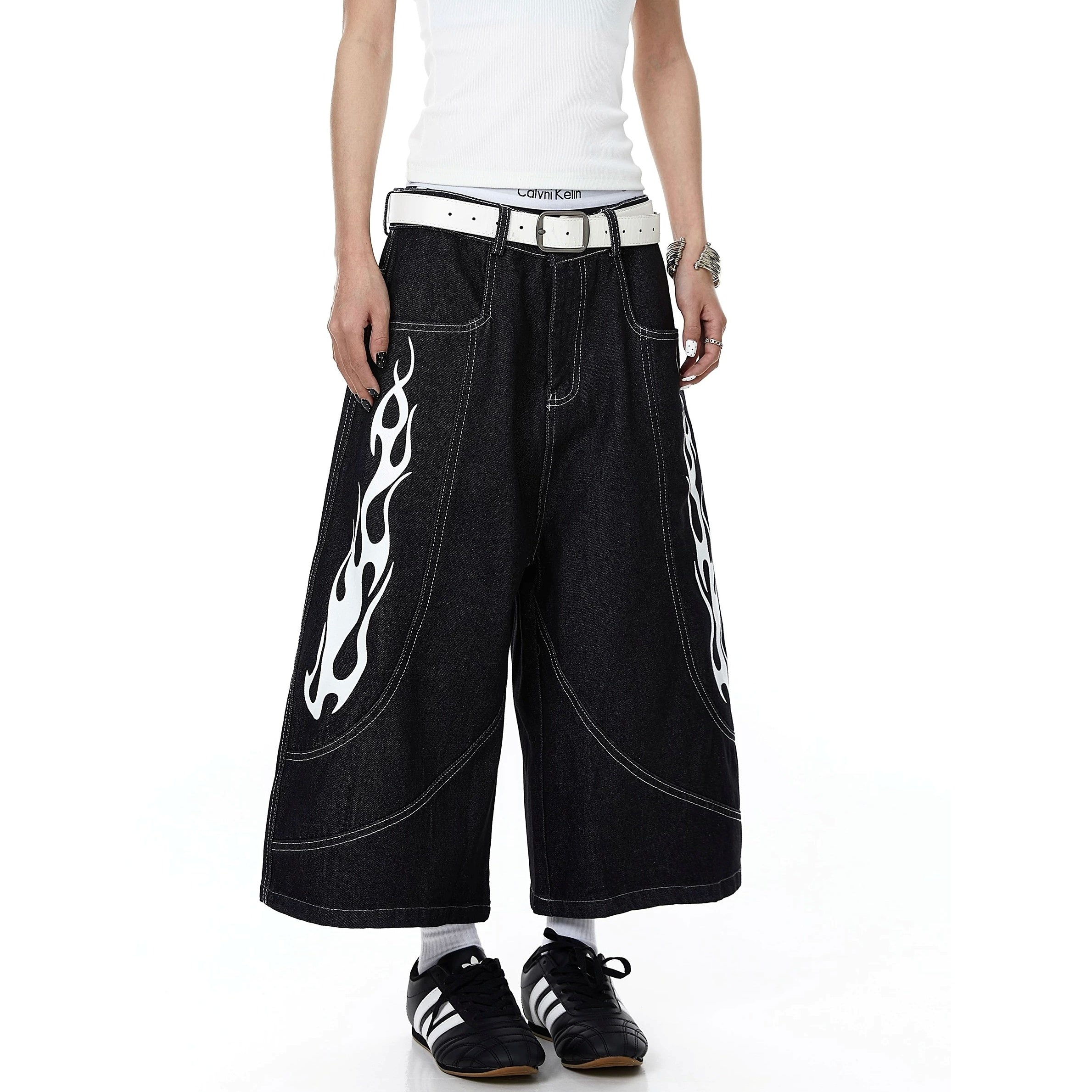 Flame Print Cropped Denim Wide Pants MB7410