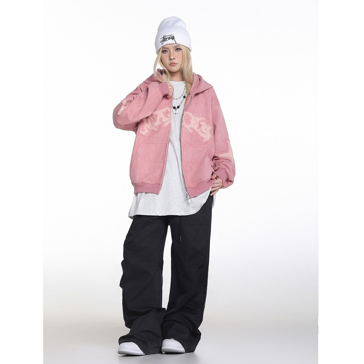 Letter Embroidered Suede Like Zipper Hoodie MB7435