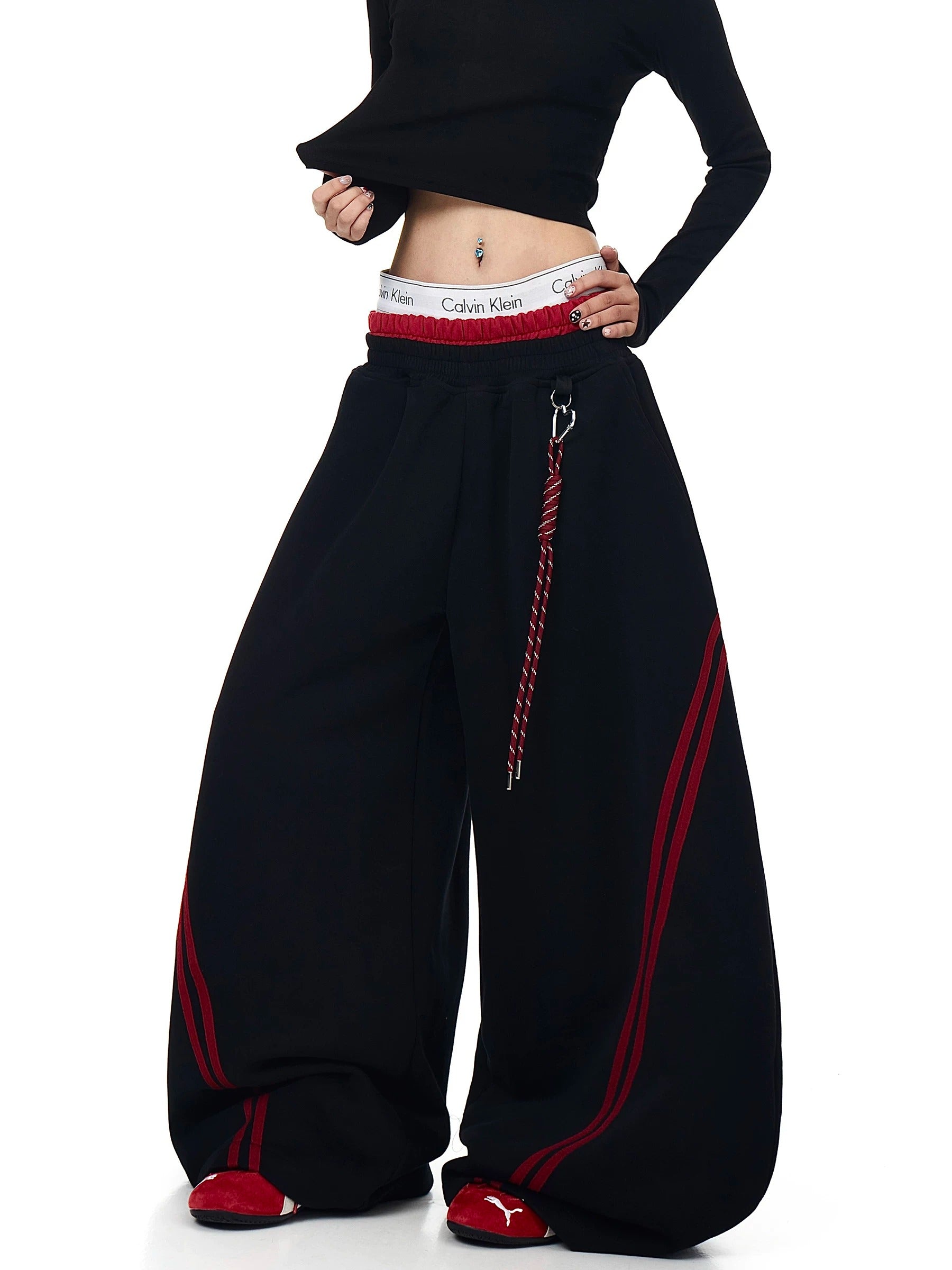 Contrasting Line Double-Waist Wide Curve Sweat Pants MB7431